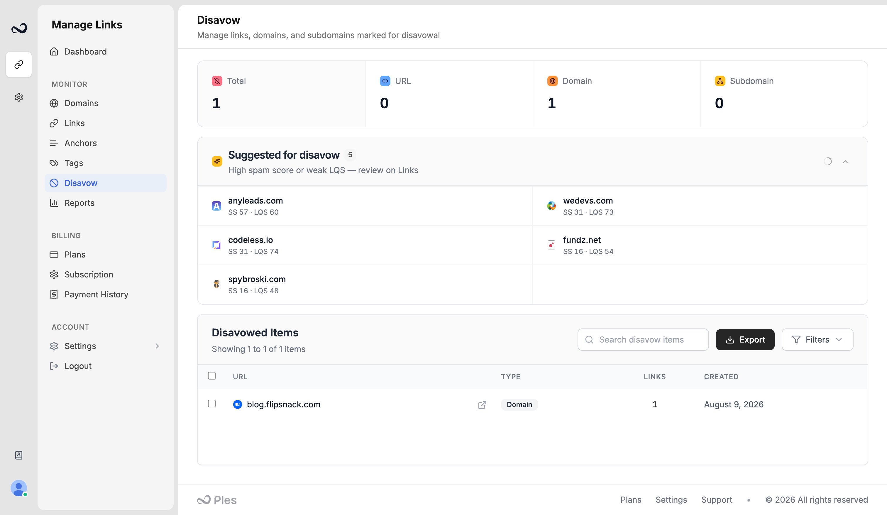 Ples Disavow page with list items, type filters, and export button