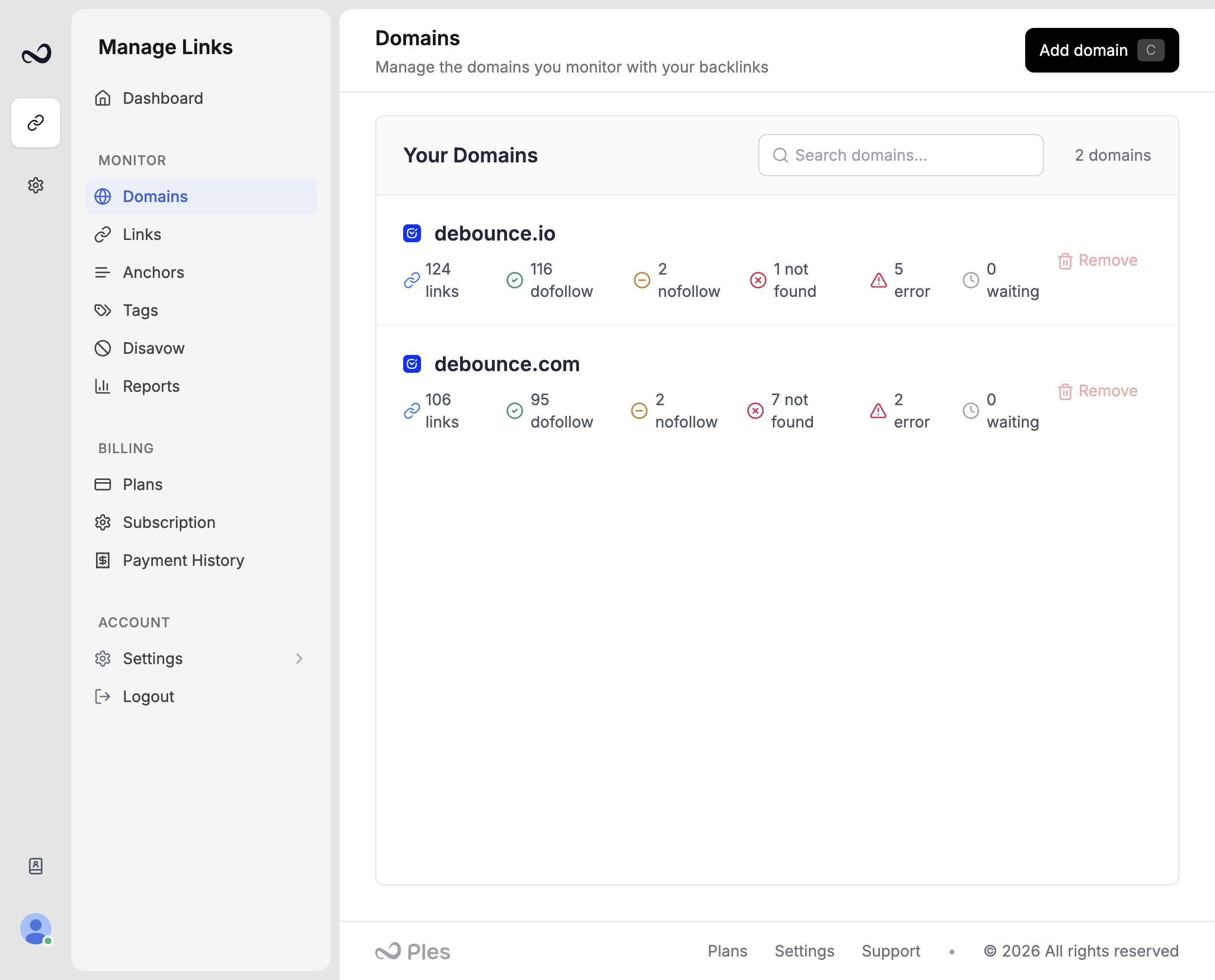 Domains list with Remove on an unused domain and status counts on domains that have links