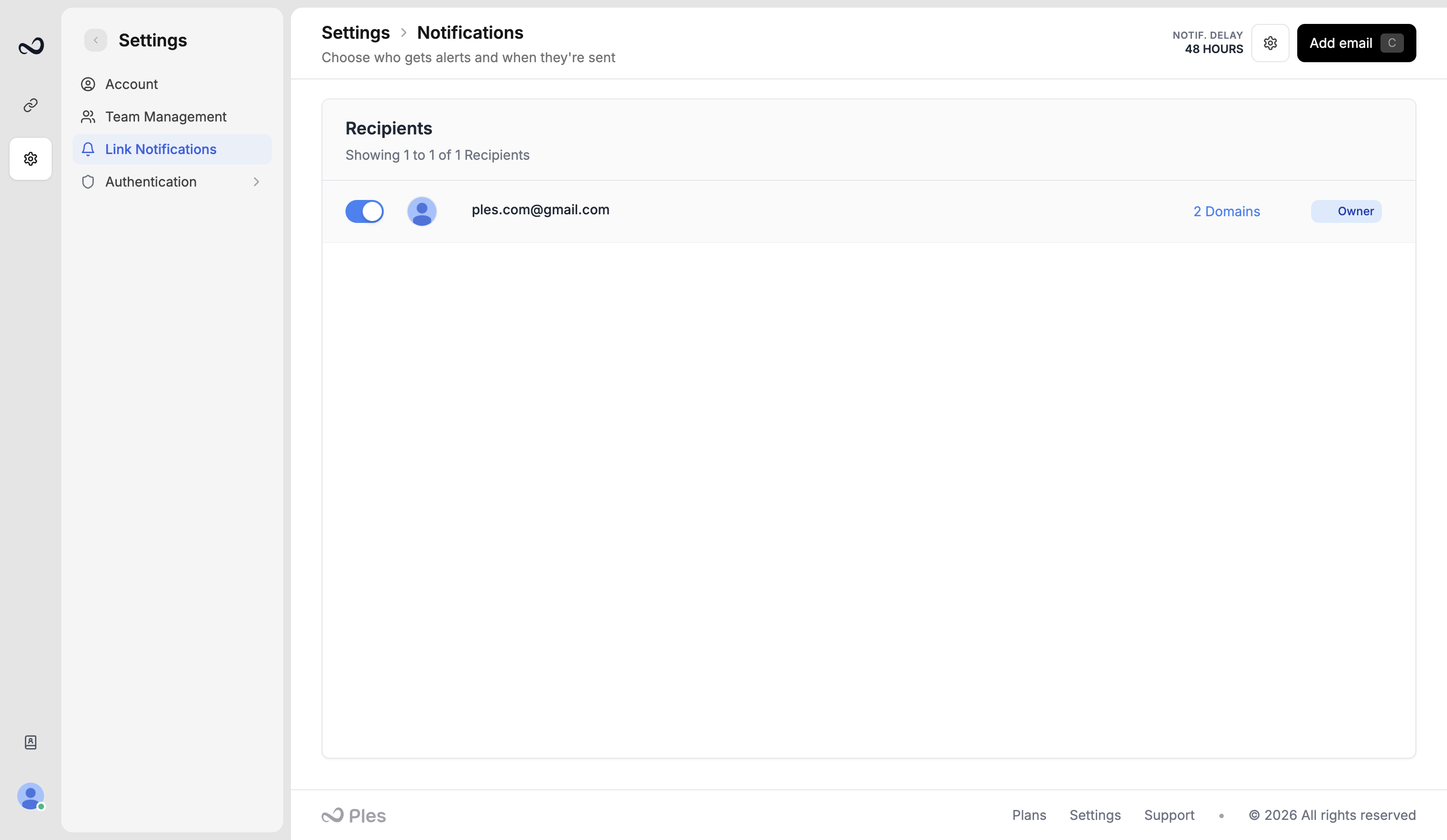 Ples Login Notifications page with Email Alerts toggle and recent sign-ins