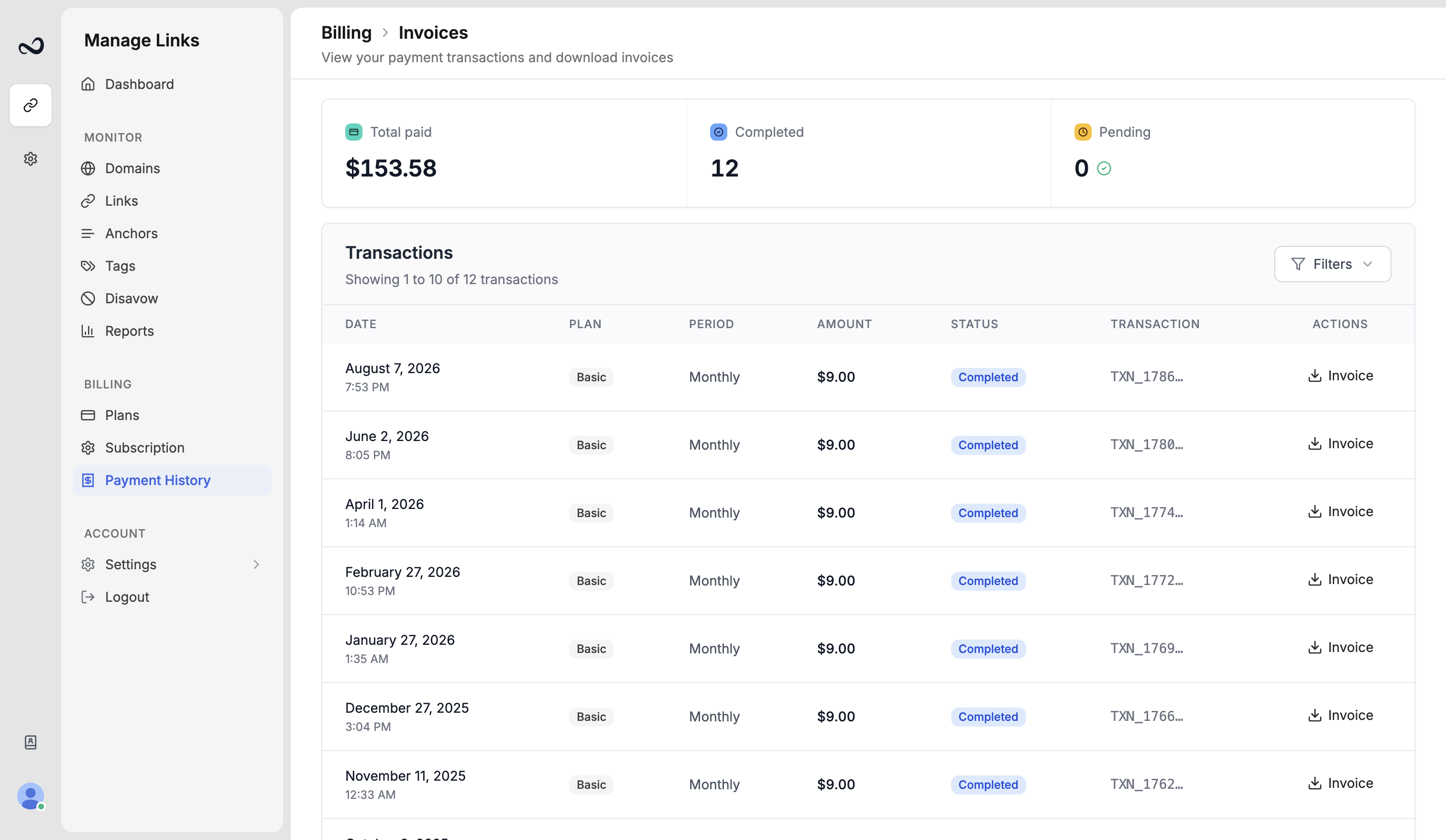 Ples Payment history table with amounts, statuses, and download invoice actions