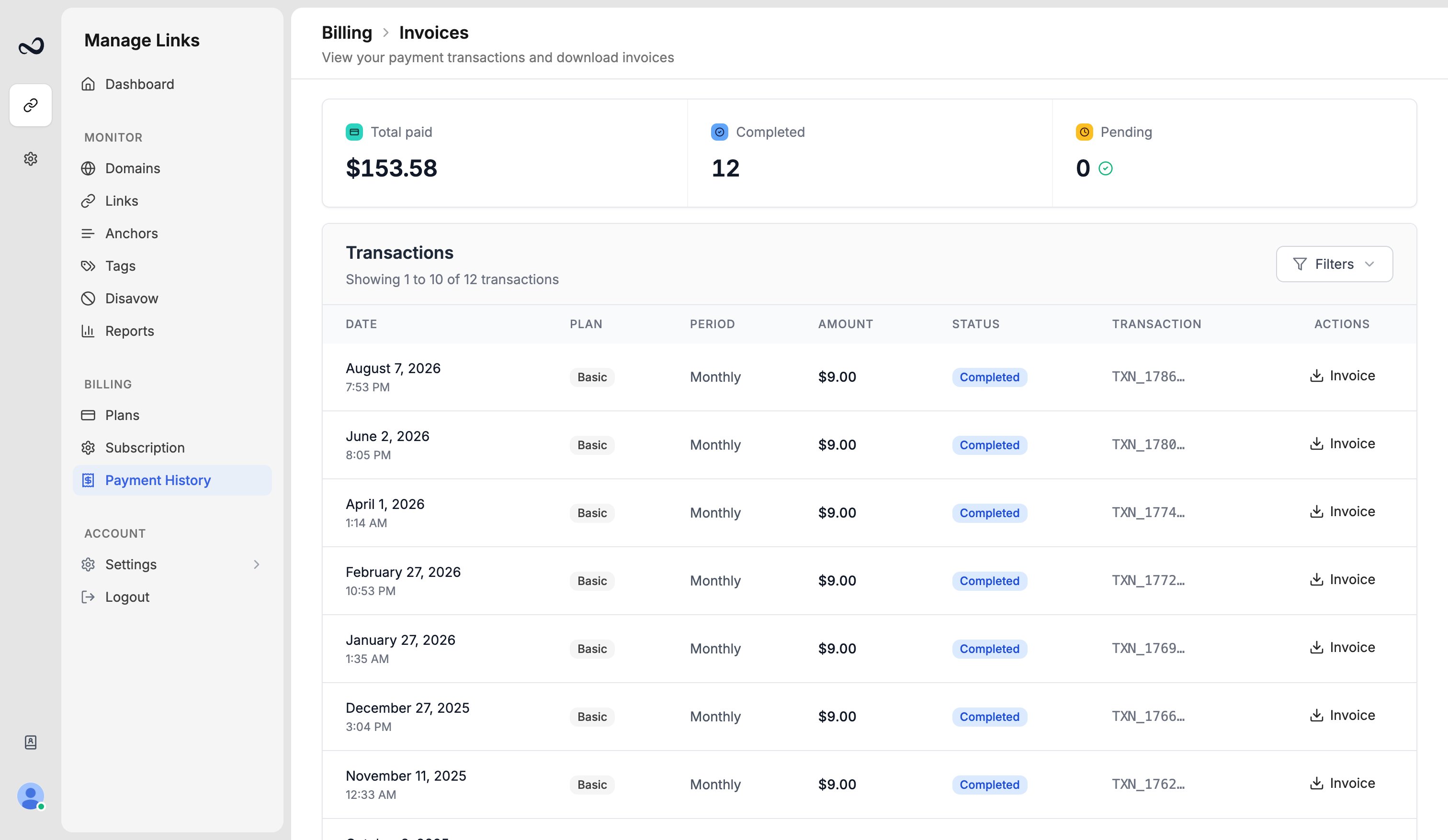 Ples Payment history table with amounts, statuses, and download invoice actions