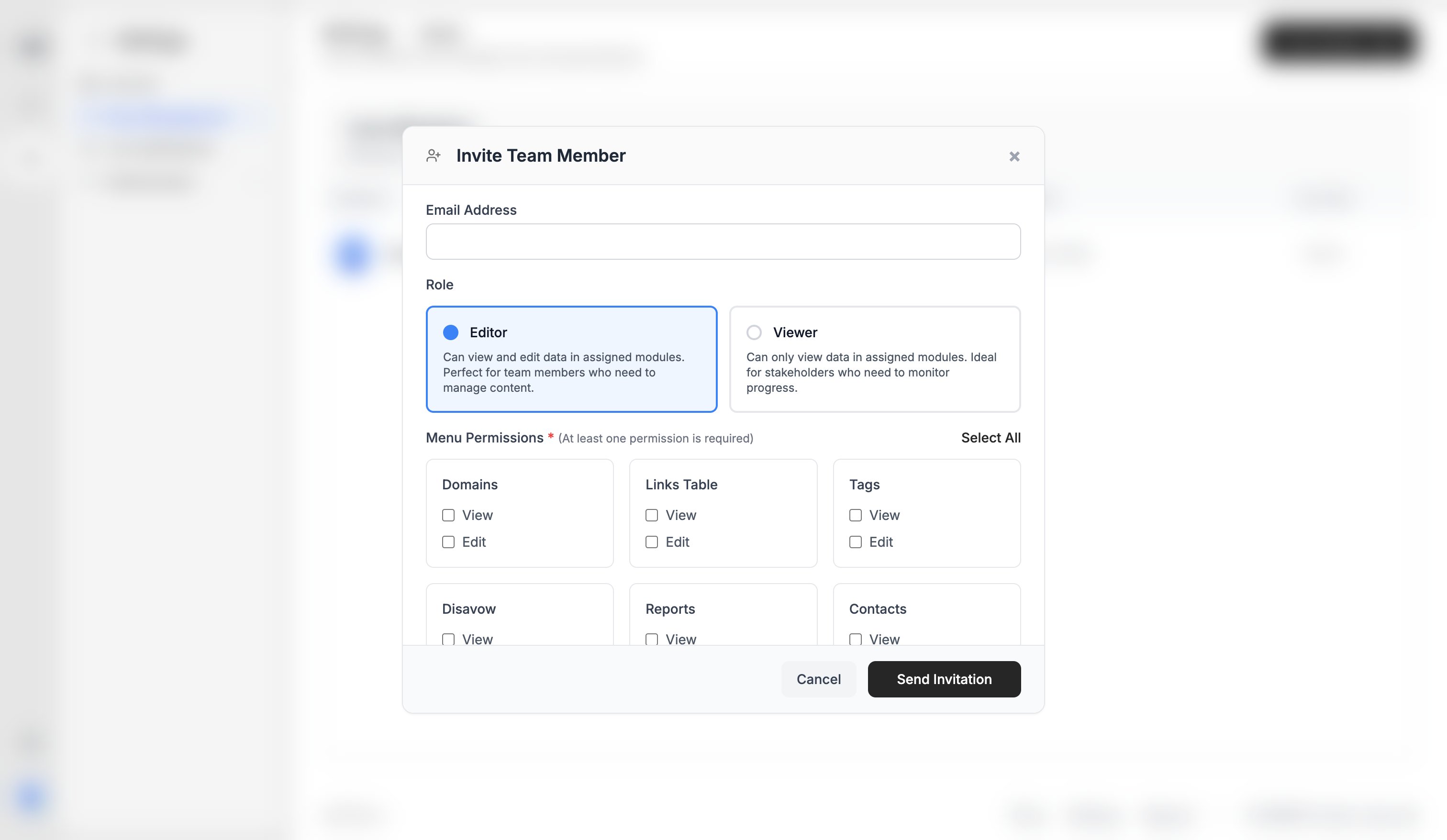 Ples Manage Permissions modal with view and edit checkboxes per menu