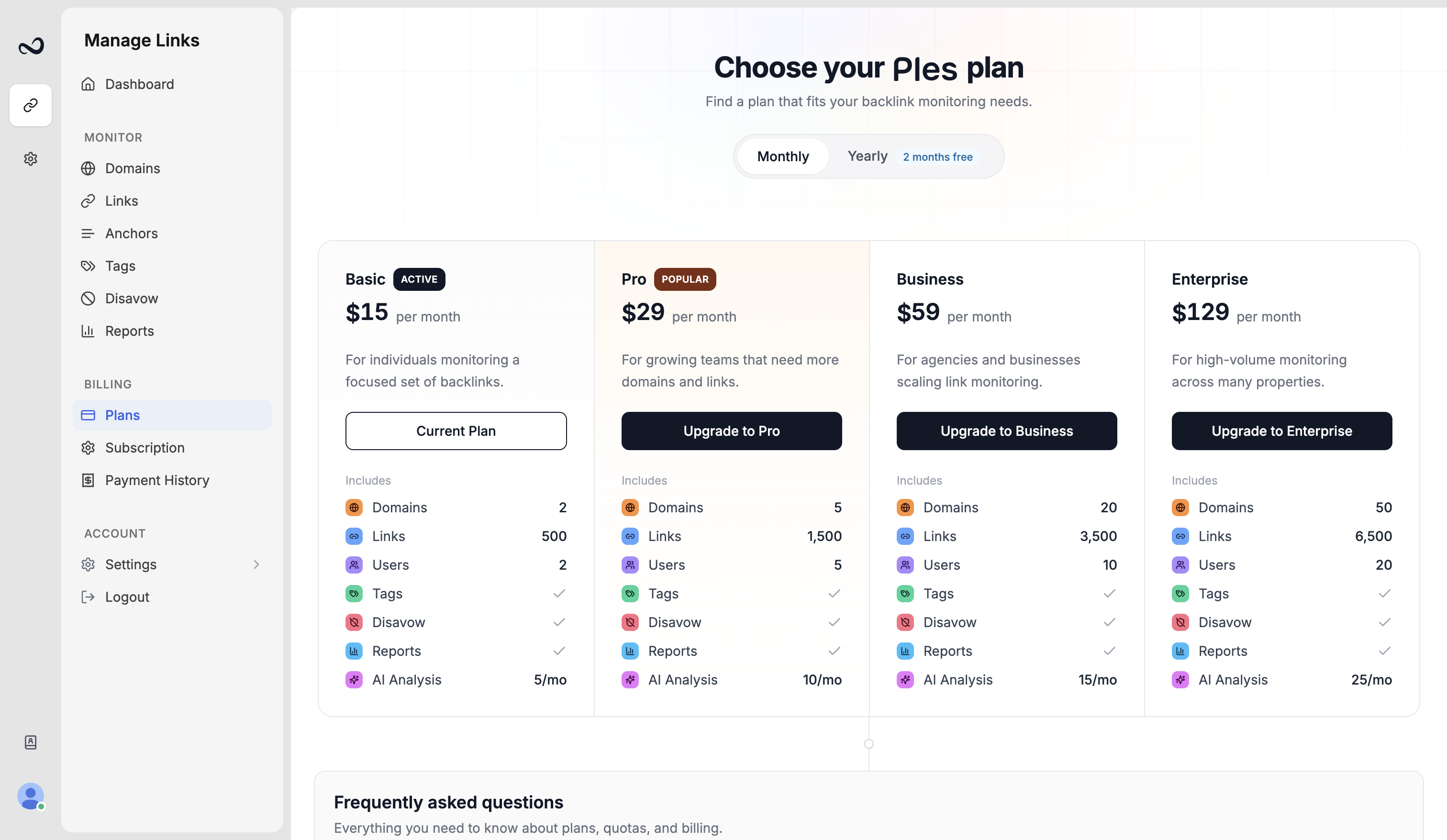 Ples Plans page used to upgrade after hitting a domain, link, user, or AI limit