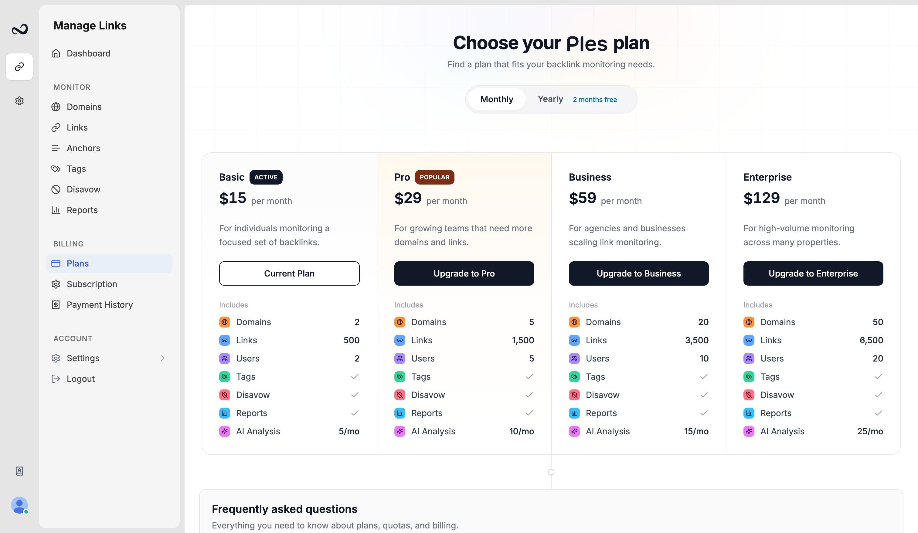 Ples Plans page used to upgrade after hitting a domain, link, user, or AI limit