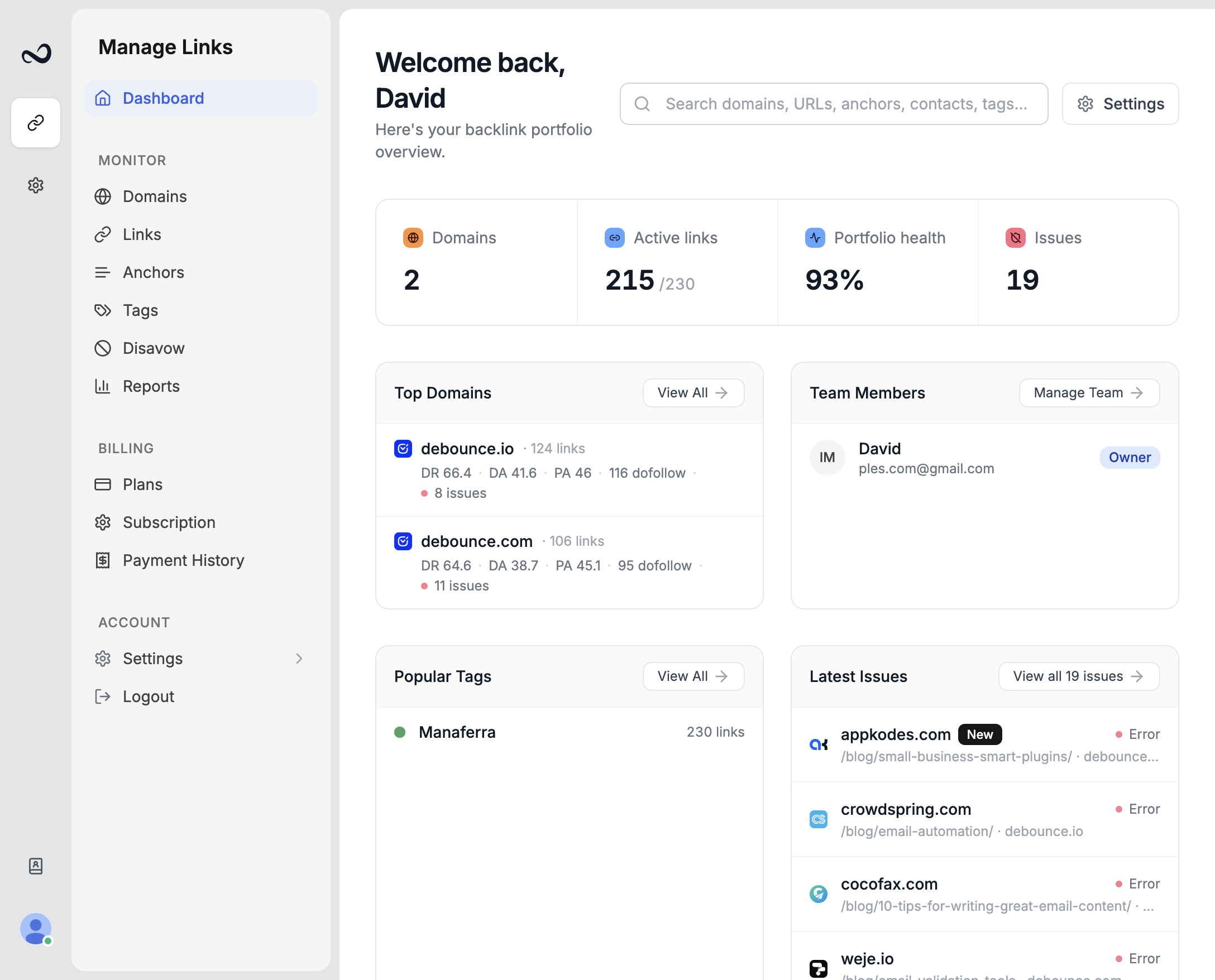 Header search results for domains, URLs, anchors, contacts, and tags