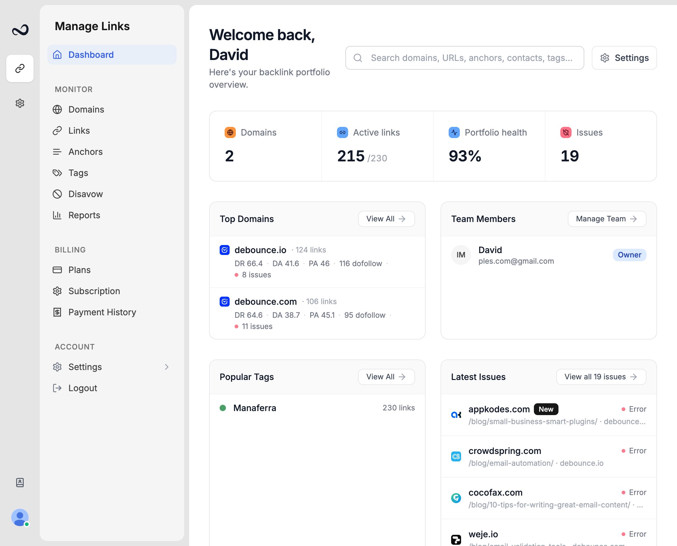 Header search results for domains, URLs, anchors, contacts, and tags