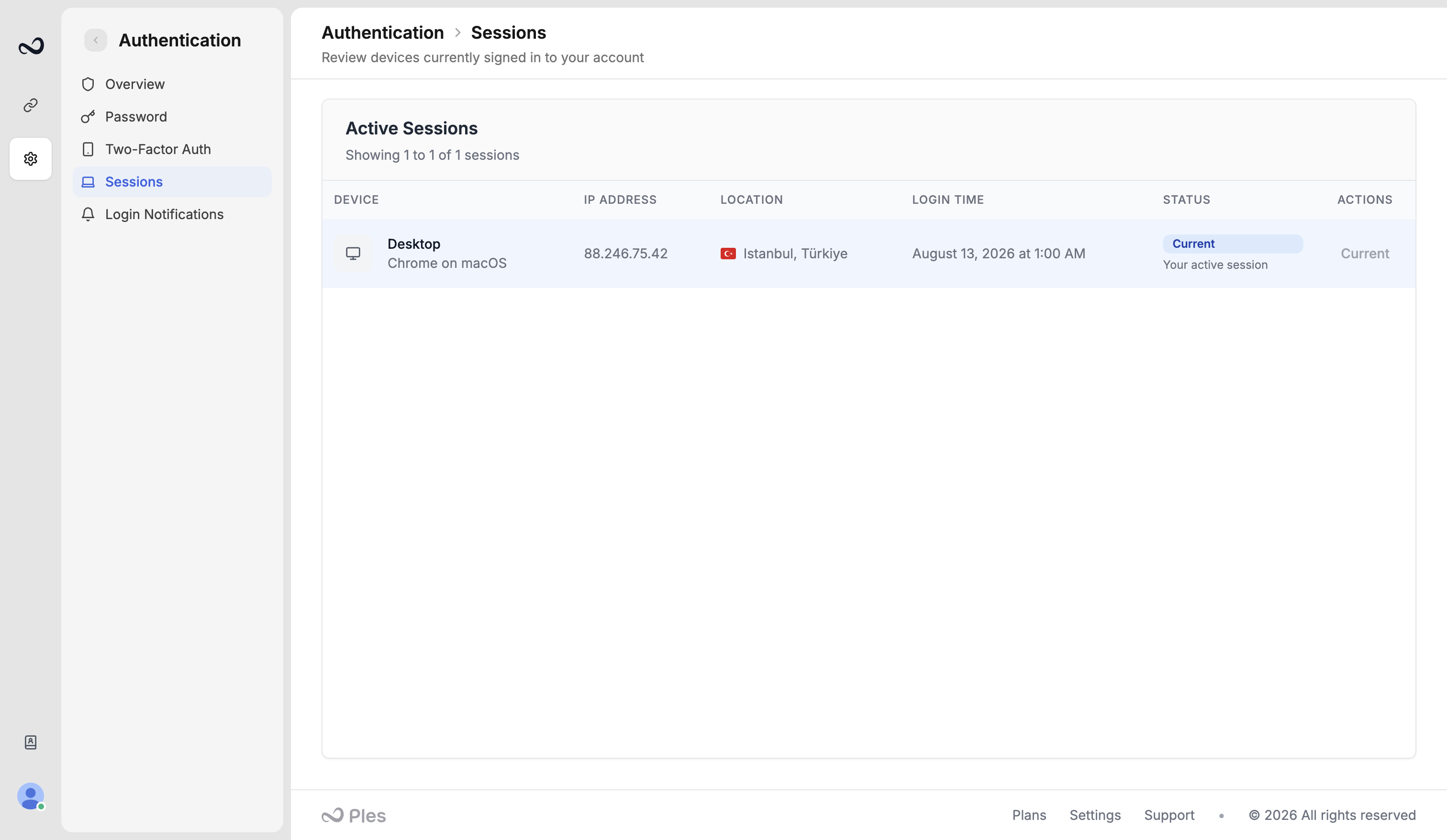 Ples Active Sessions table with device, IP address, location, login time, and terminate actions