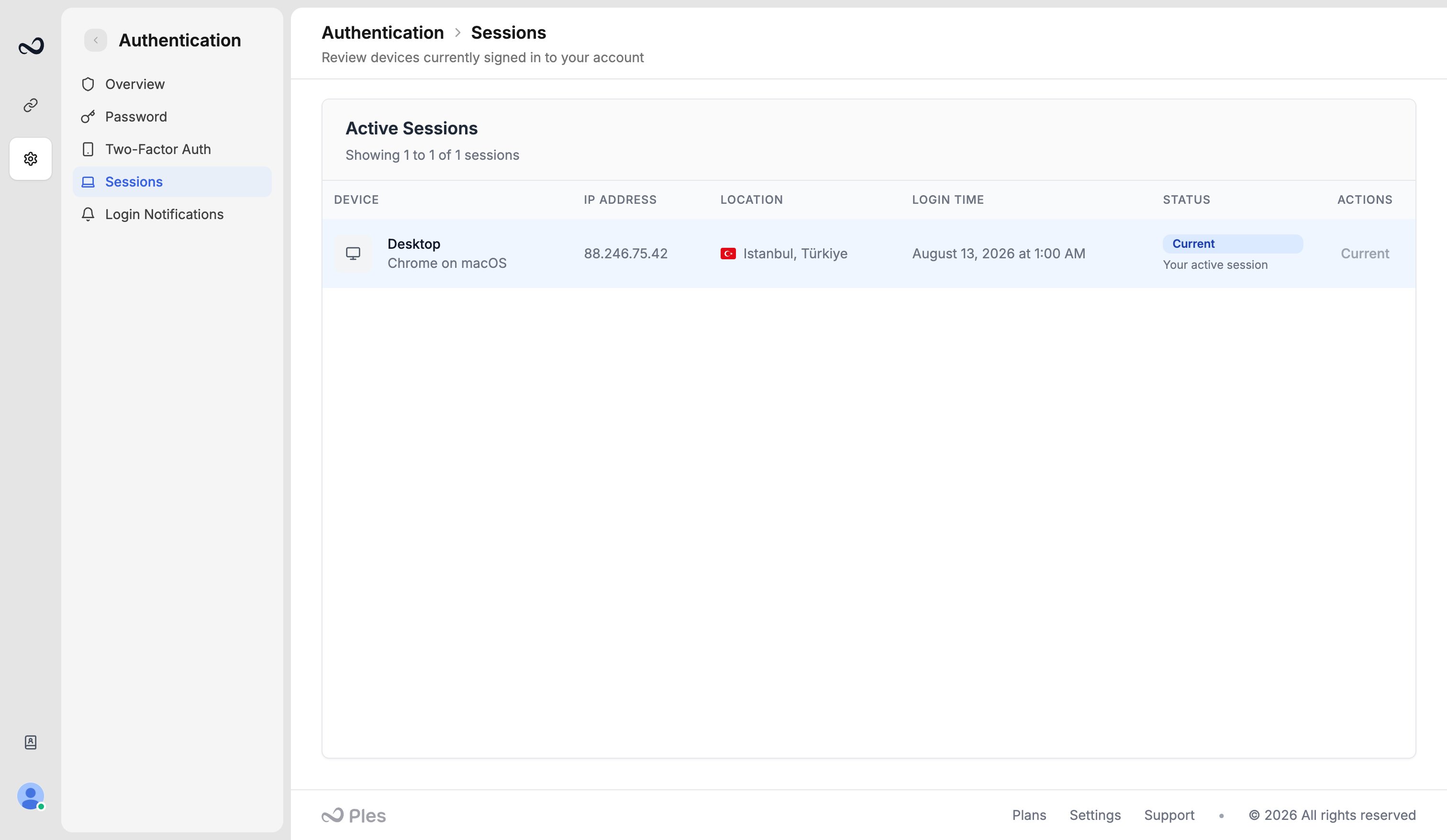 Ples Active Sessions table with device, IP address, location, login time, and terminate actions