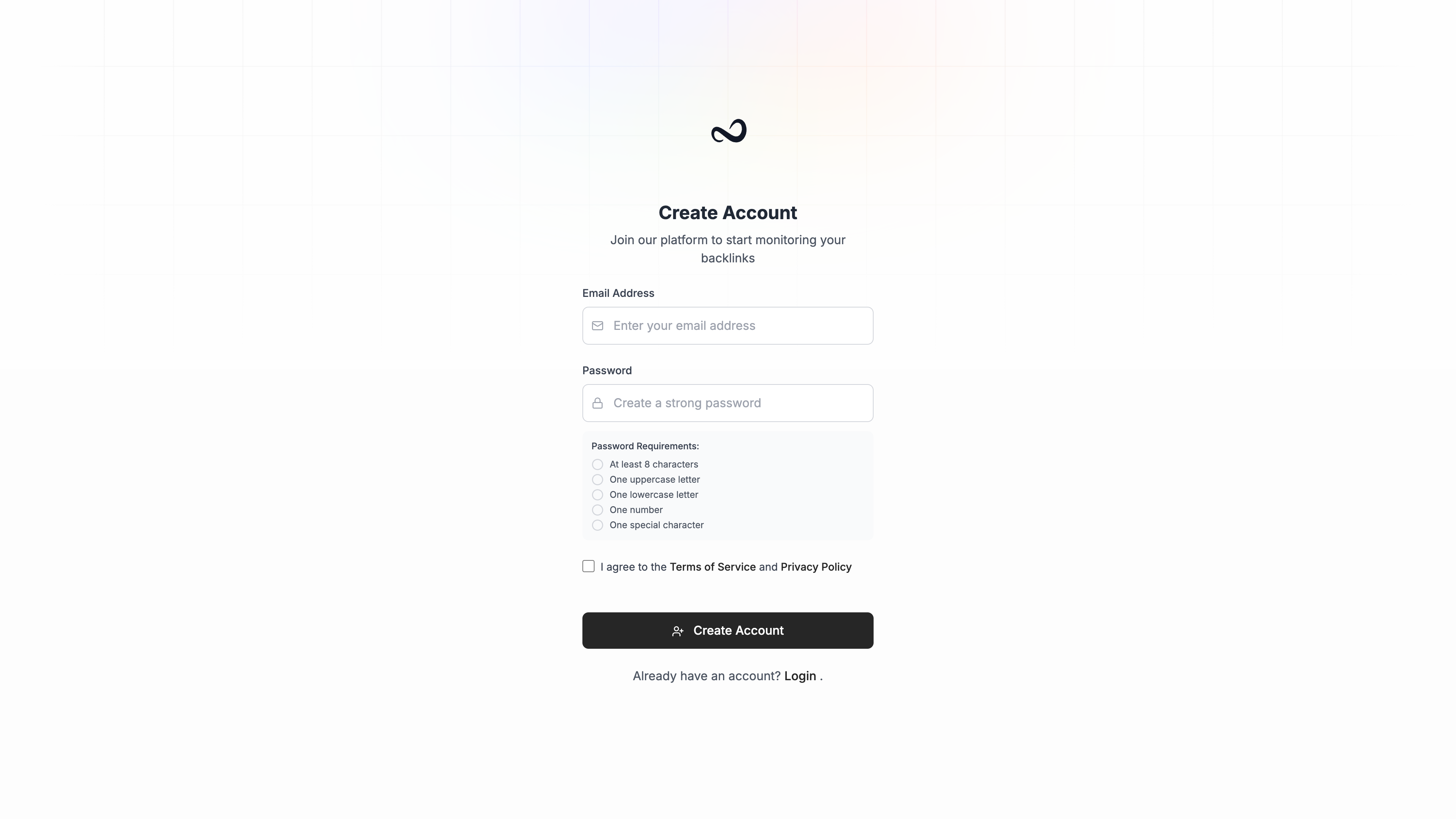 Ples Create Account page with email, password requirements, terms checkbox, and Create Account button