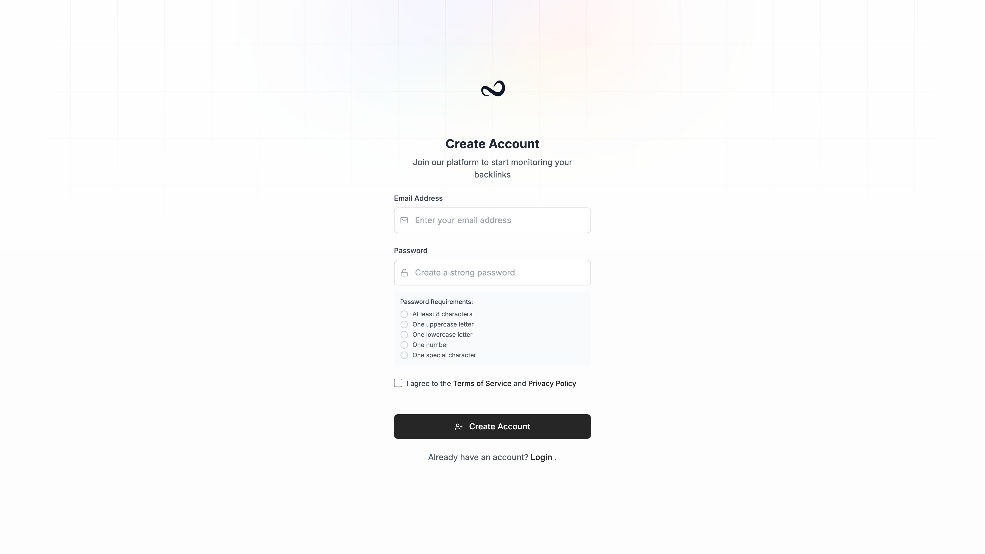 Ples Create Account page with email, password requirements, terms checkbox, and Create Account button