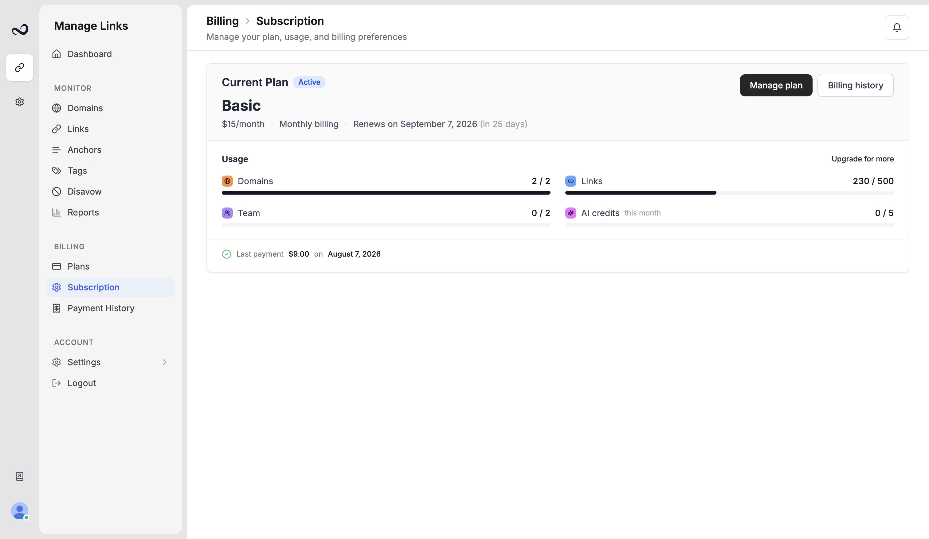 Ples Subscription page showing an expired plan and data retention grace period