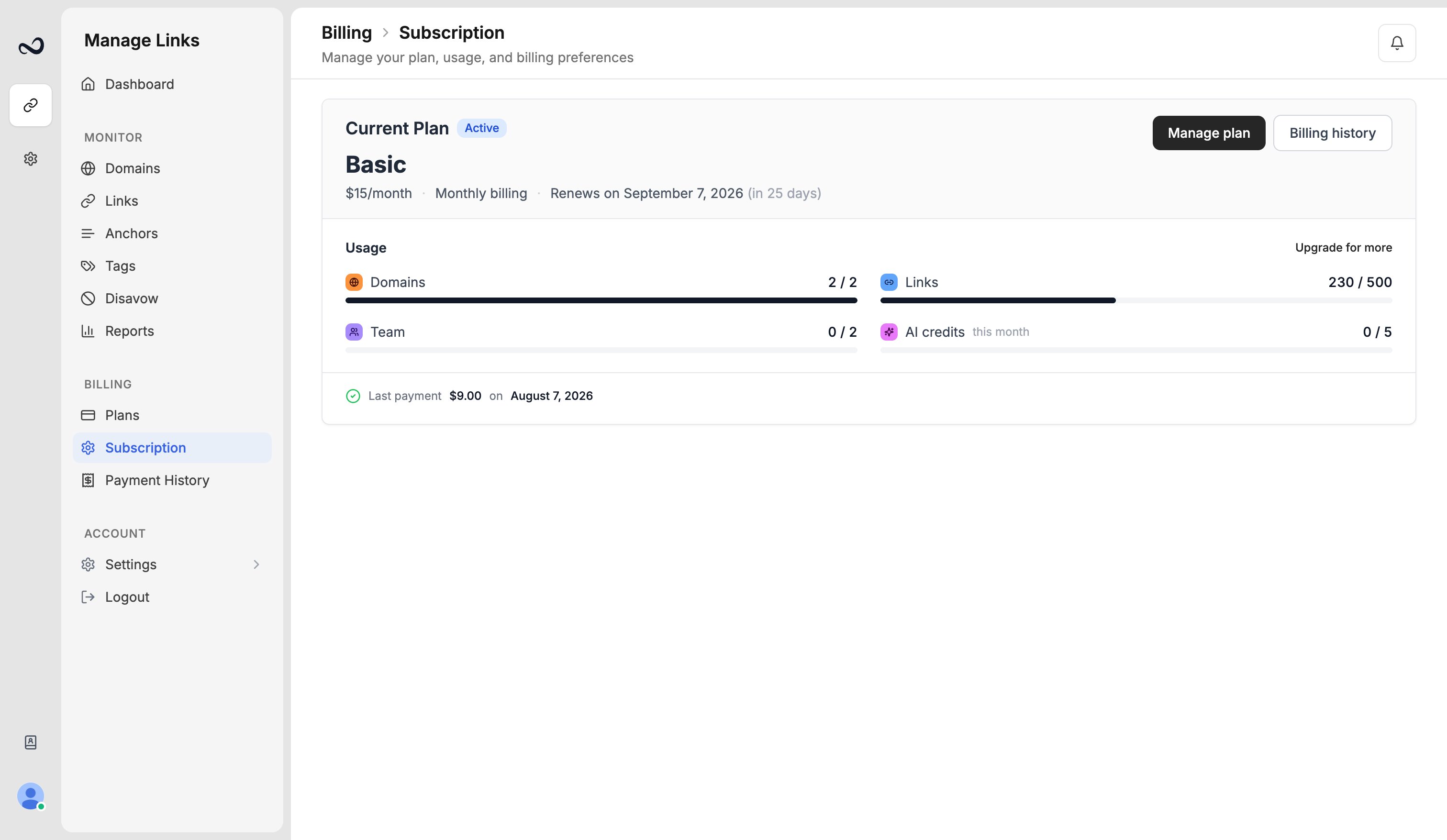 Ples Subscription page showing an expired plan and data retention grace period