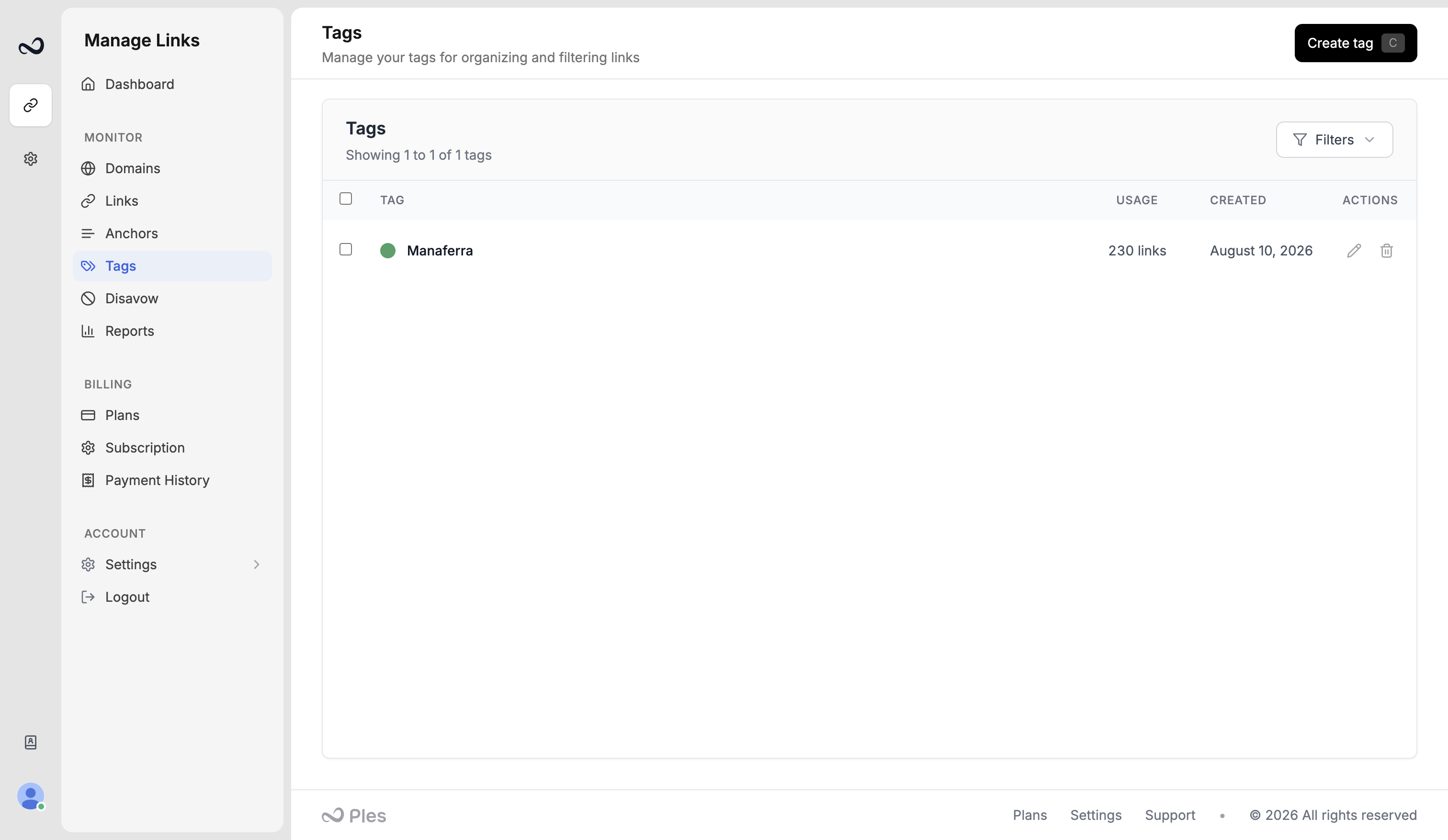 Tags page with colored tags, usage counts, and Create tag