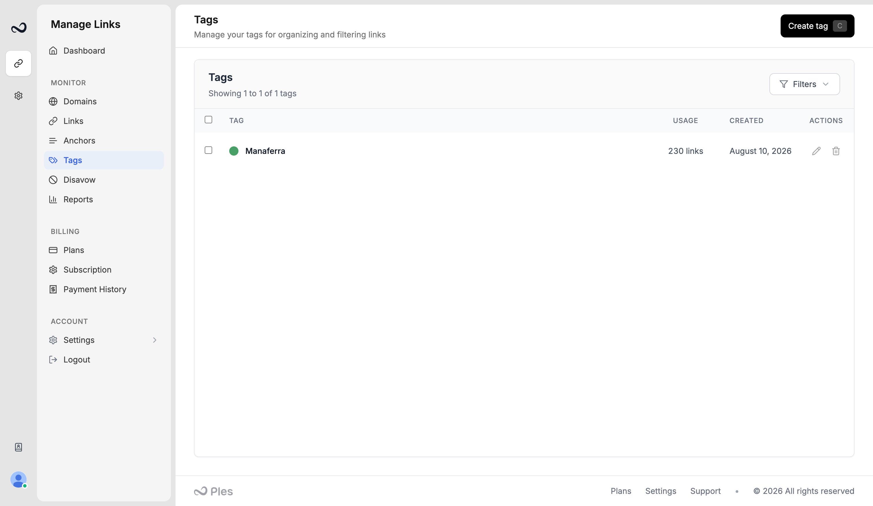 Tags page with colored tags, usage counts, and Create tag