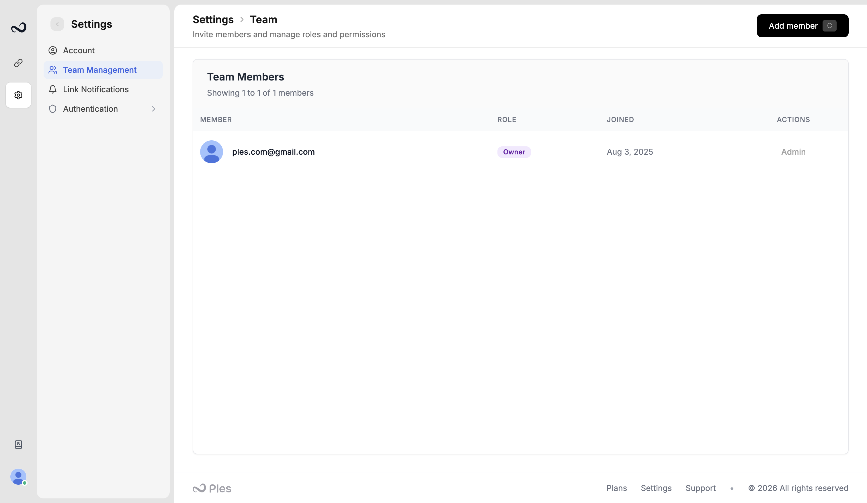 Ples Team page with members, roles, and Add member button