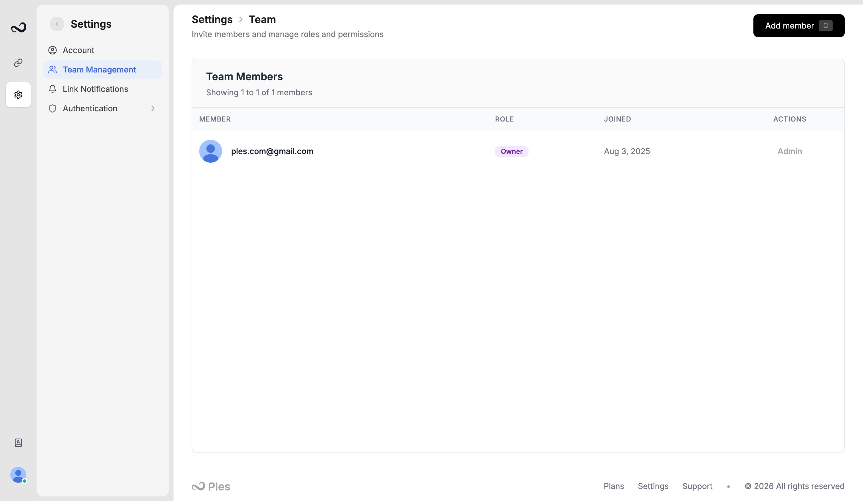 Ples Team page with Add member and the invite form