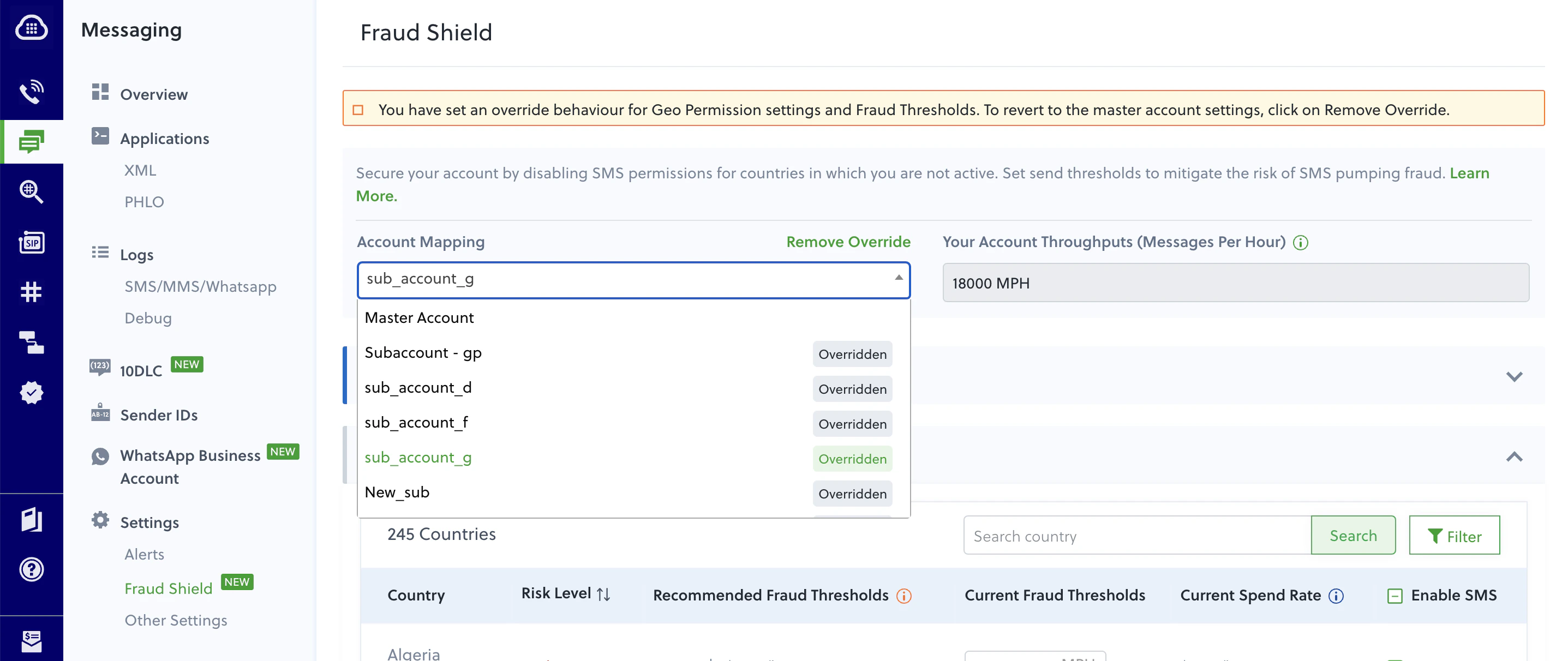 Overriding preferences for specific subaccounts