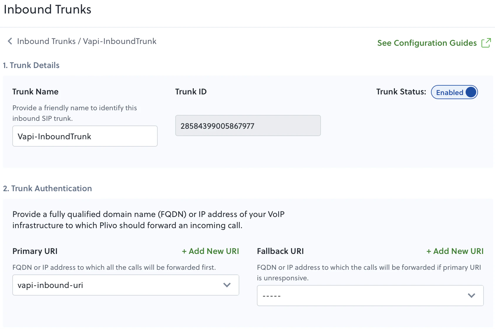 Create an inbound trunk in Plivo