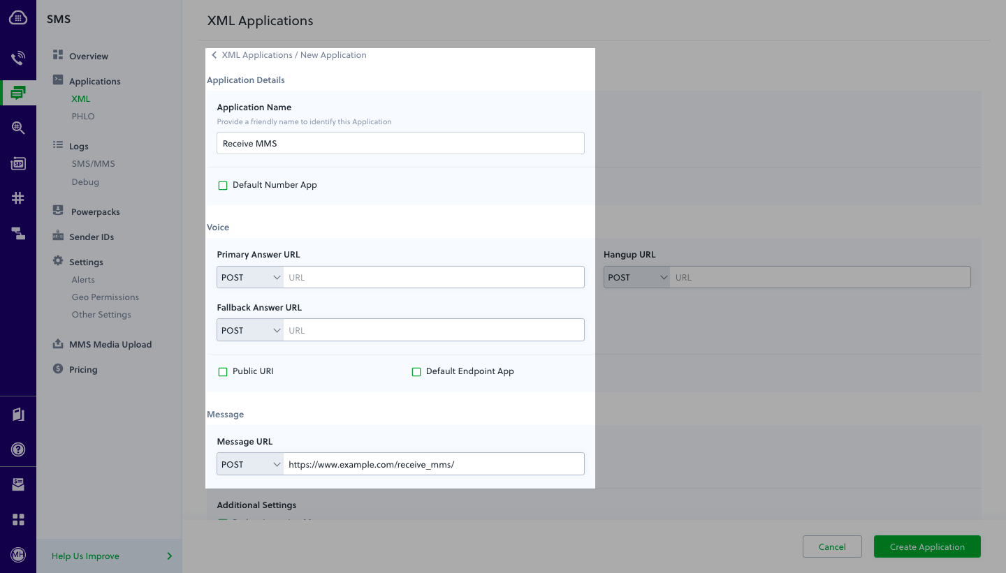 Create Plivo Application for MMS
