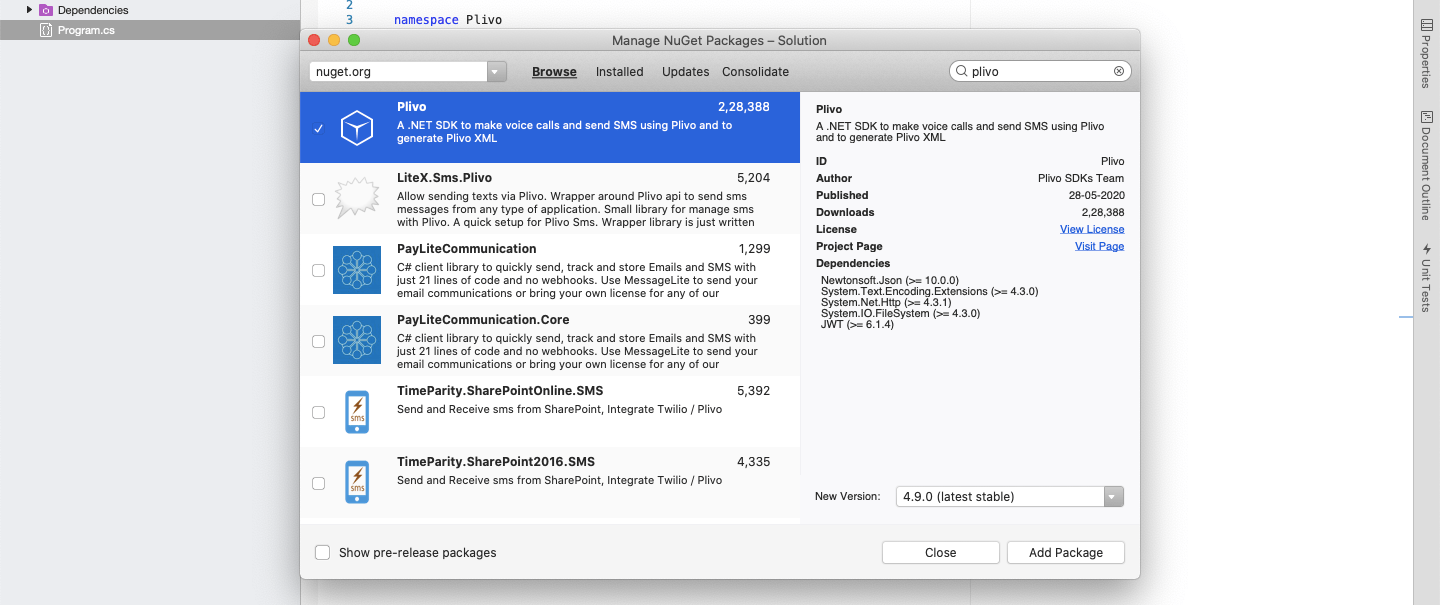 Select Plivo NuGet package