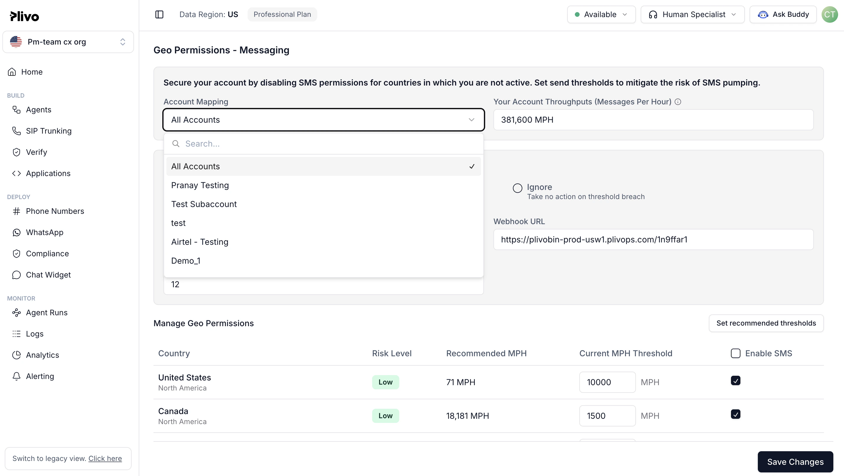 Manage Geo Permissions and messages per hour fraud thresholds
