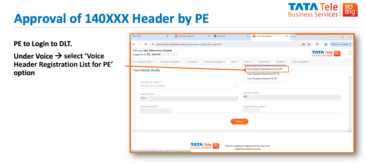 Voice Header Registration List for PE