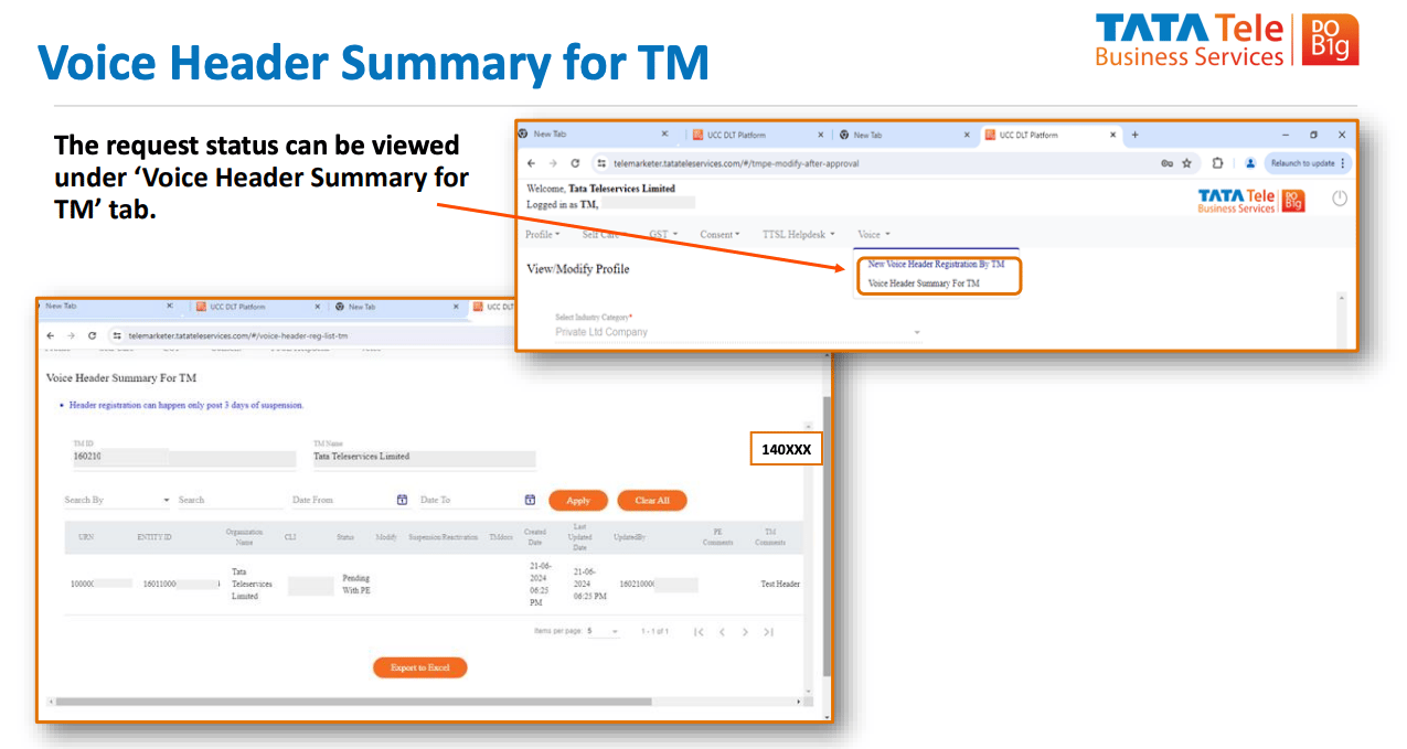 Voice Header Registration by TM