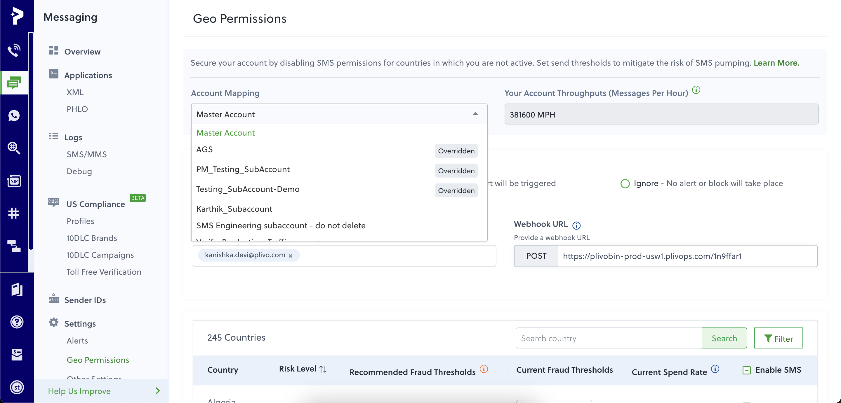 Manage Geo Permissions and messages per hour fraud thresholds