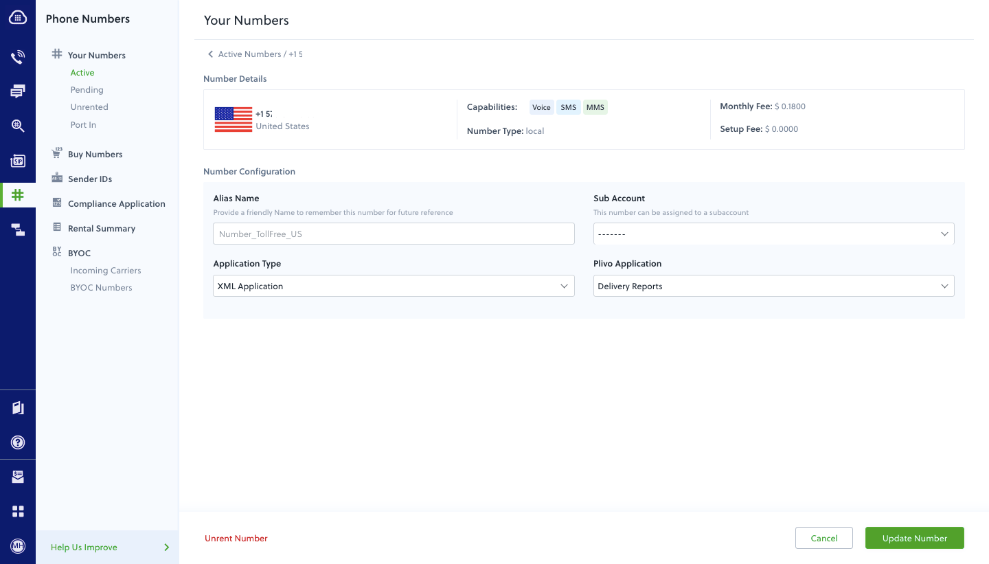 Assign Phone Number to Receive Delivery Reports