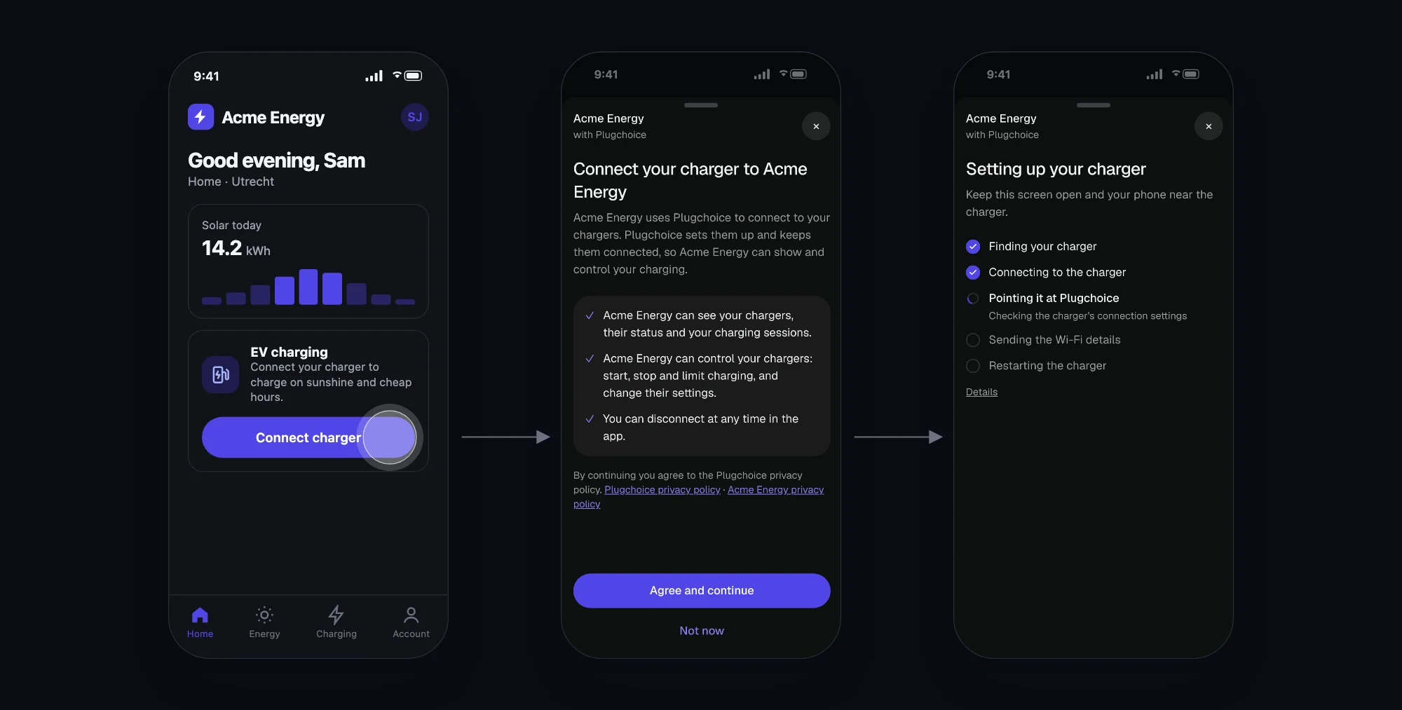 An energy app with a Connect charger button, then the consent screen, then the charger being set up