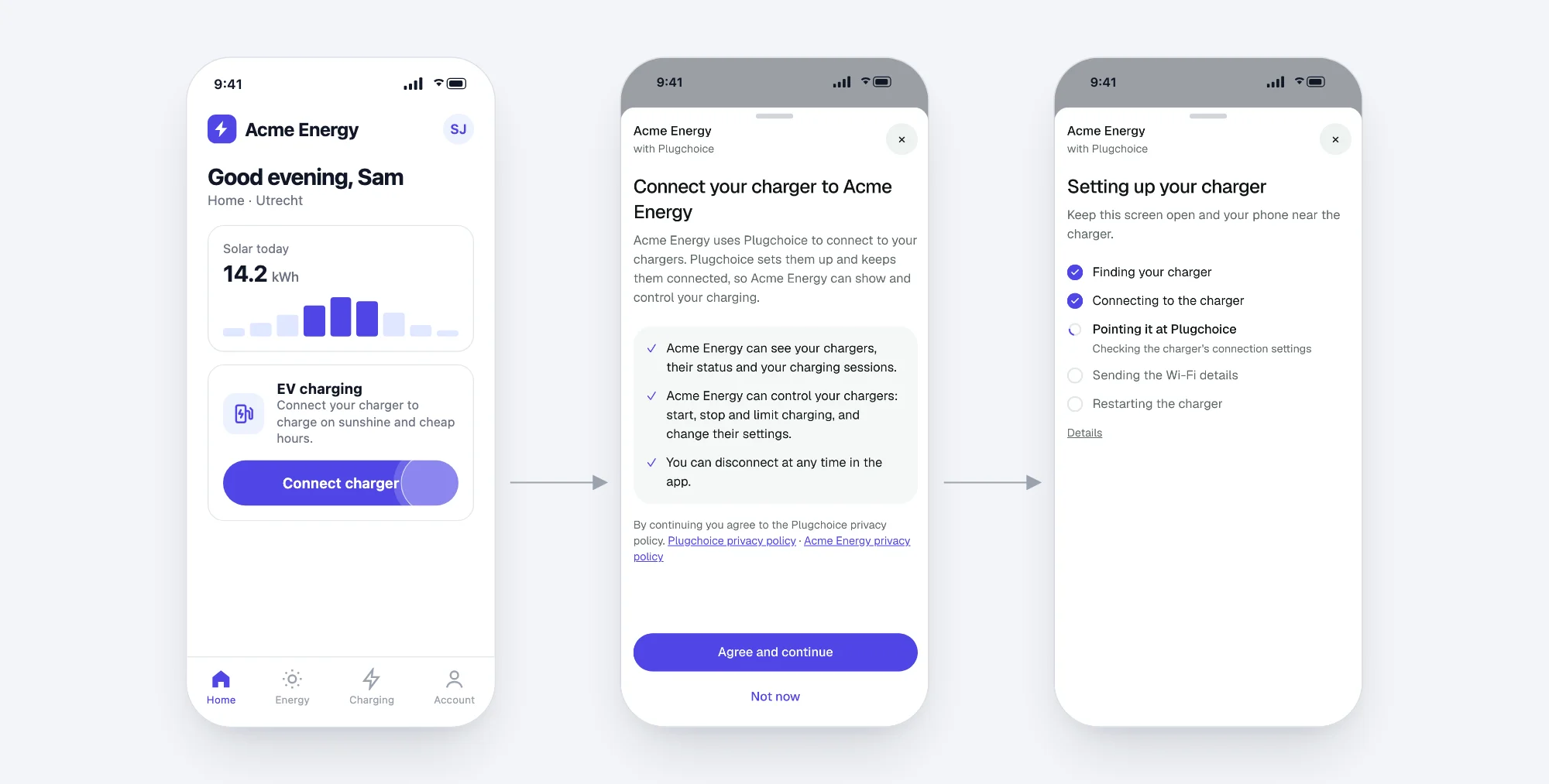 An energy app with a Connect charger button, then the consent screen, then the charger being set up