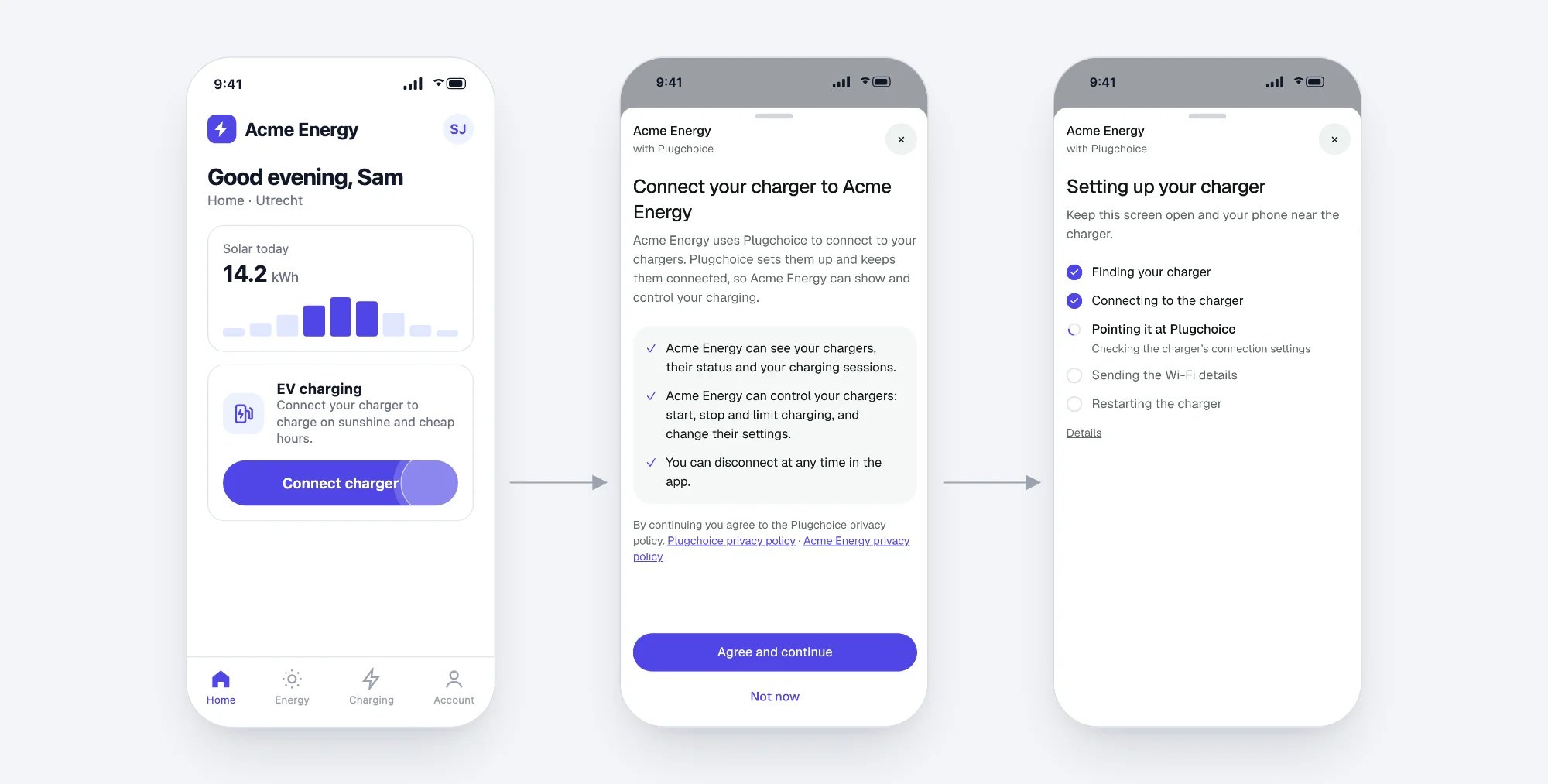 An energy app with a Connect charger button, then the consent screen, then the charger being set up