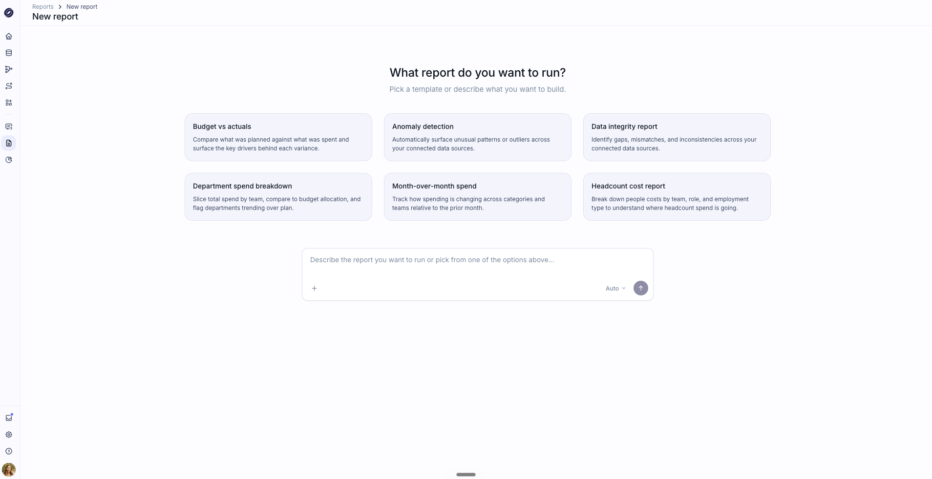 The New Analysis screen with six analysis type cards and a free-text question box