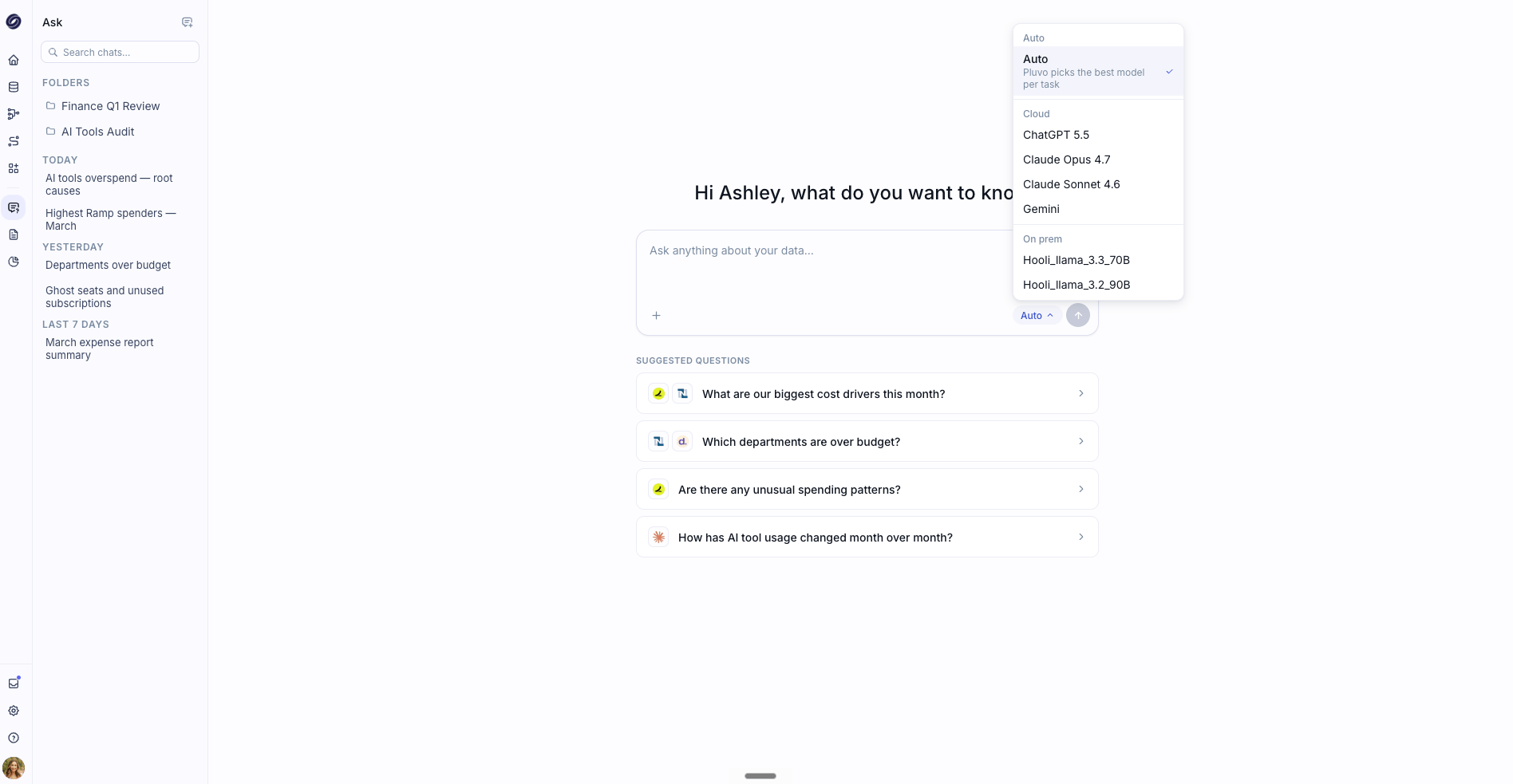 The Ask page with a prompt box and quick-start suggestions for variance analysis, anomaly detection, cash runway analysis, and revenue trends