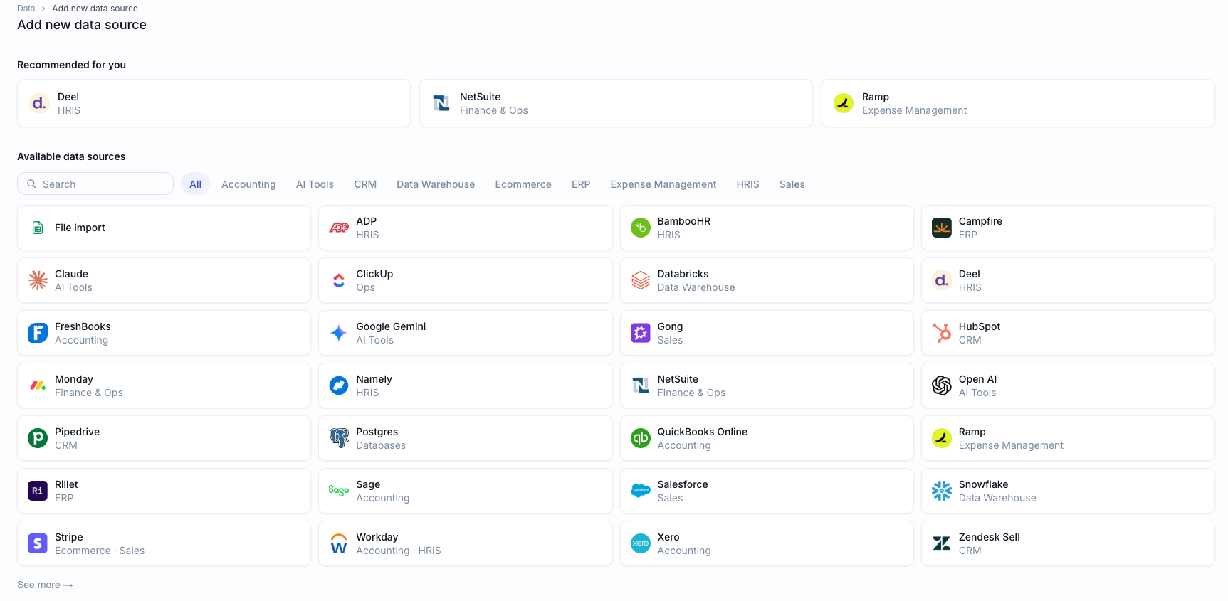 The Add new data source screen showing data warehouses, direct connectors, merge connectors, custom integrations, and file upload