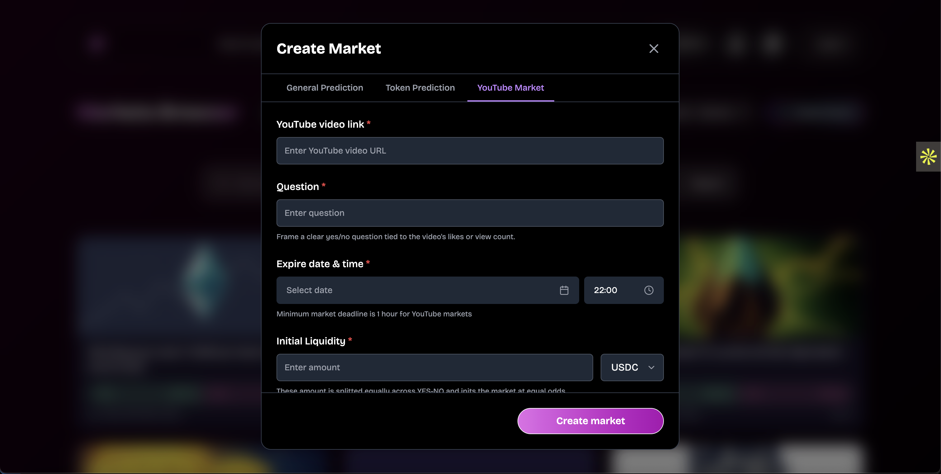 Screenshot of YouTube prediction market creation interface