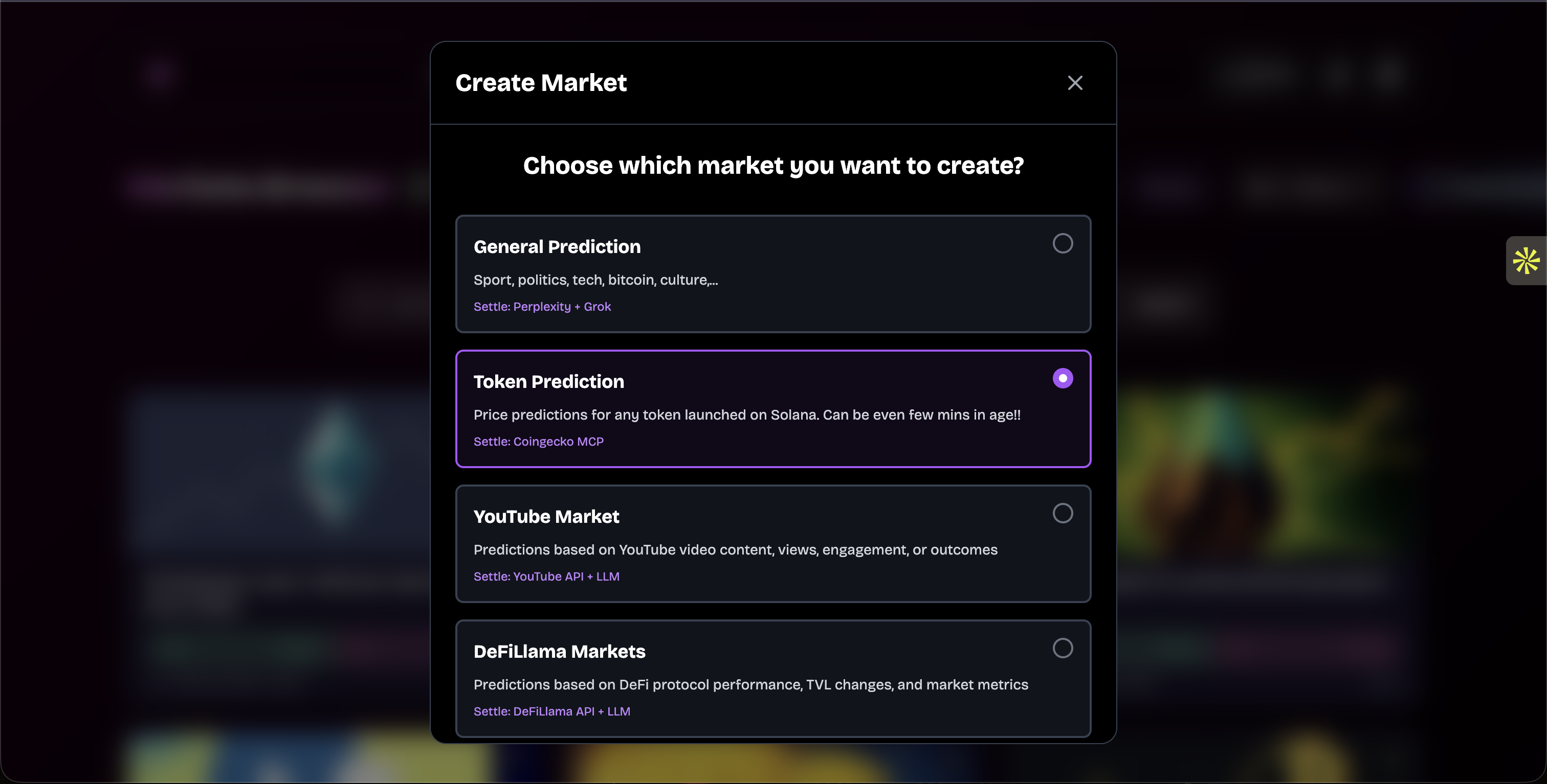 Interface showing market type selection