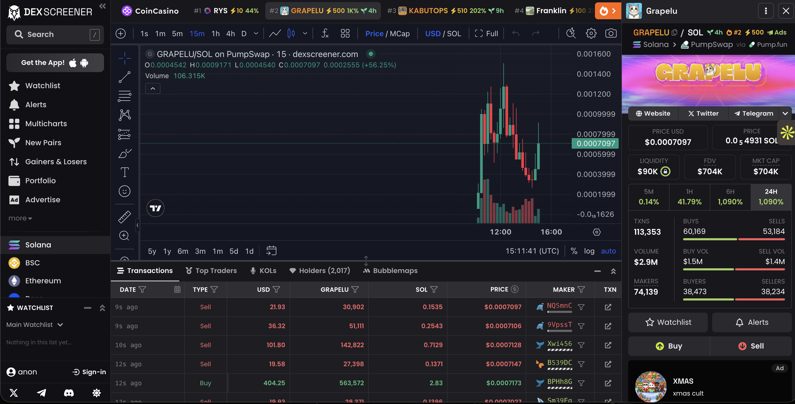 DexScreener interface showing how to copy coin address