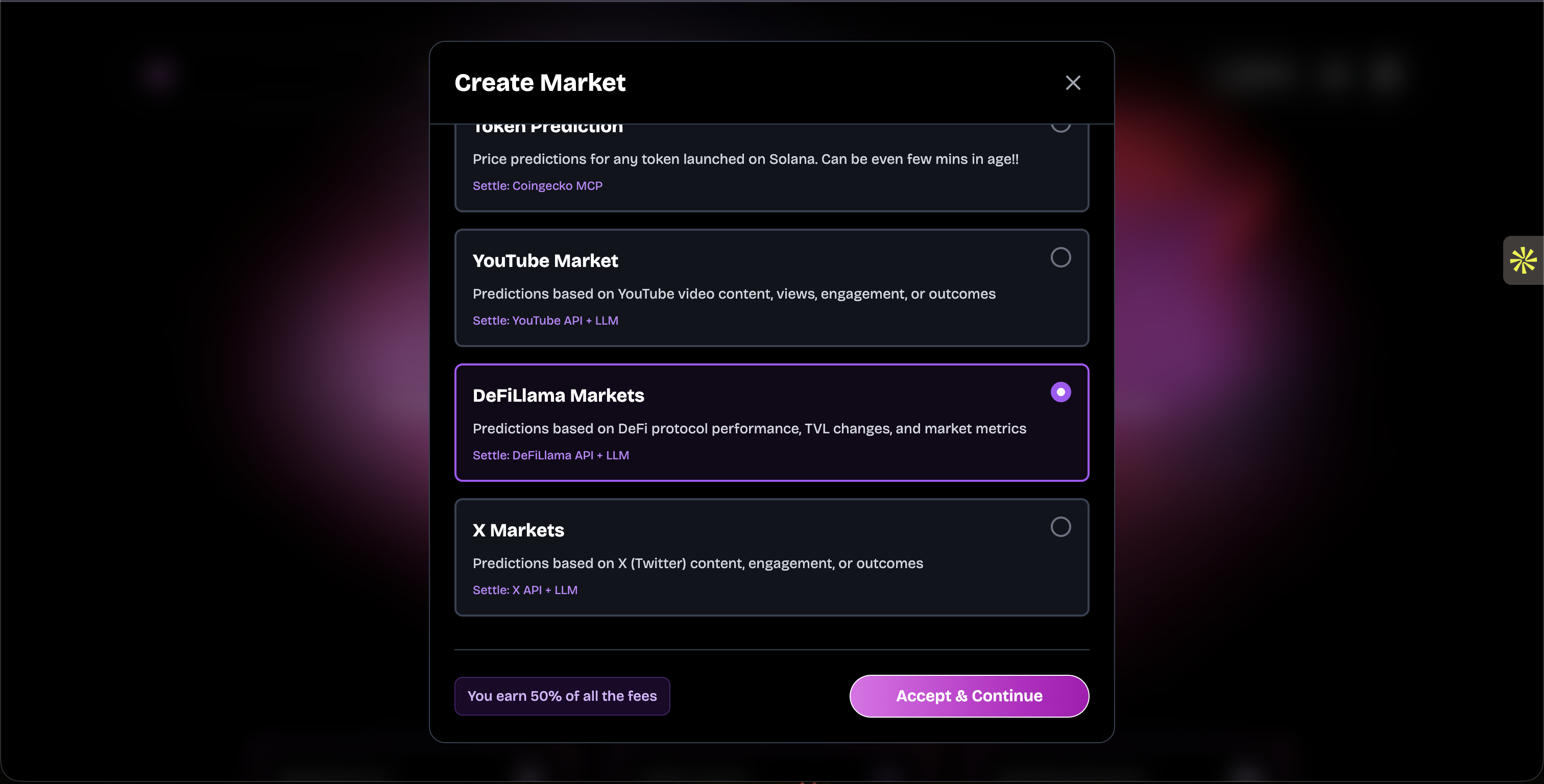Interface showing market type selection