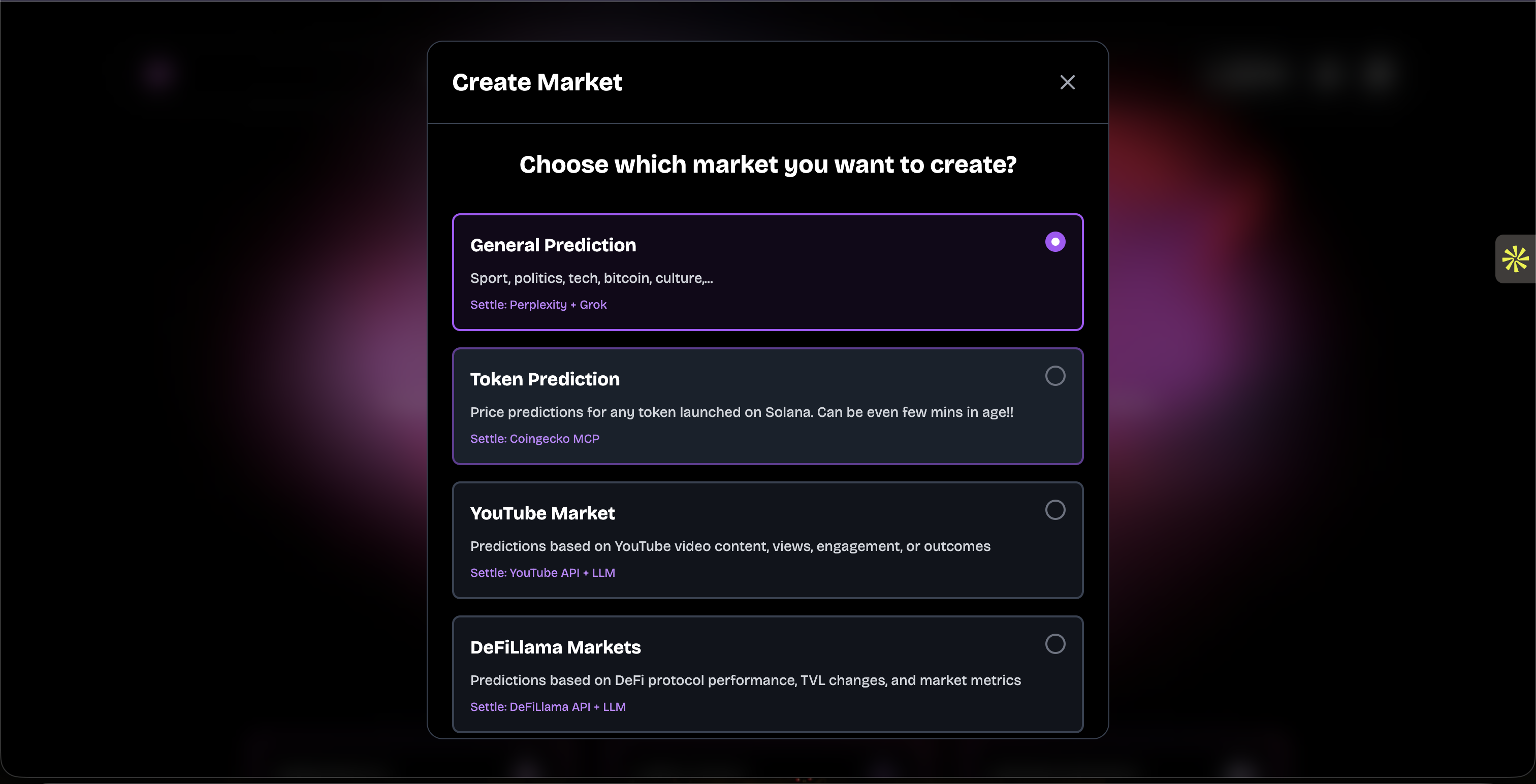 Interface showing market type selection