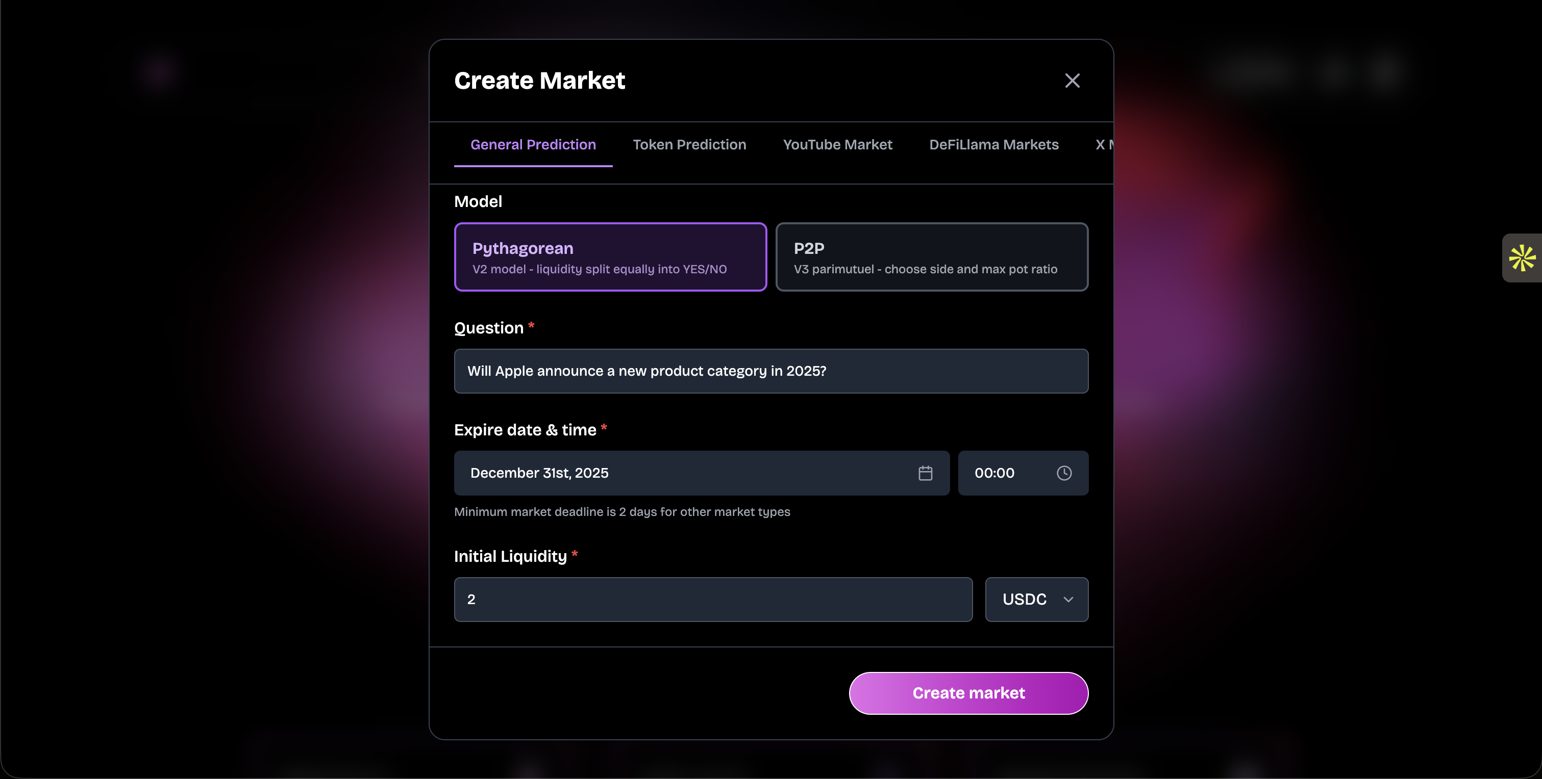 Interface for creating prediction question