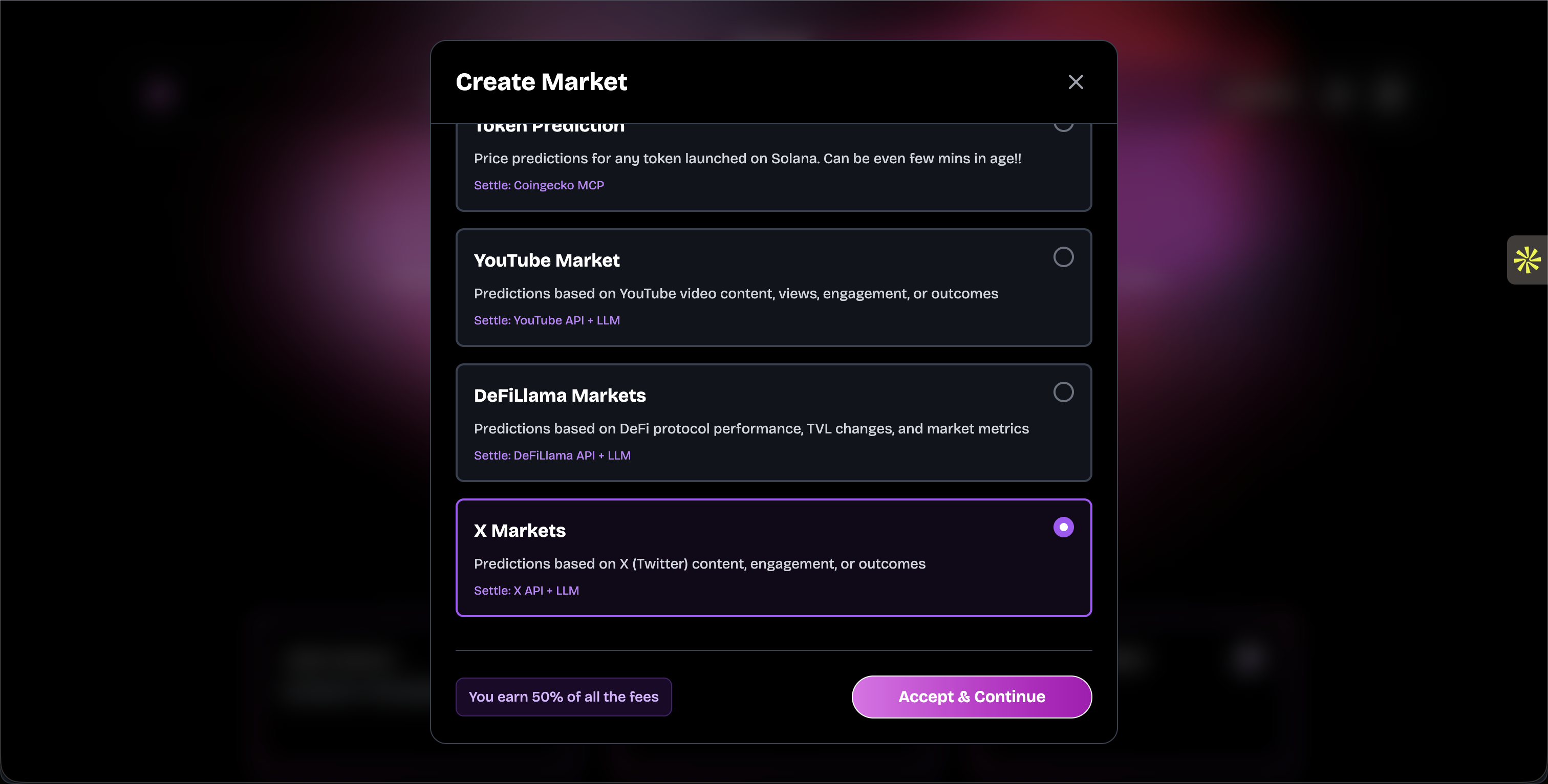 Interface showing market type selection