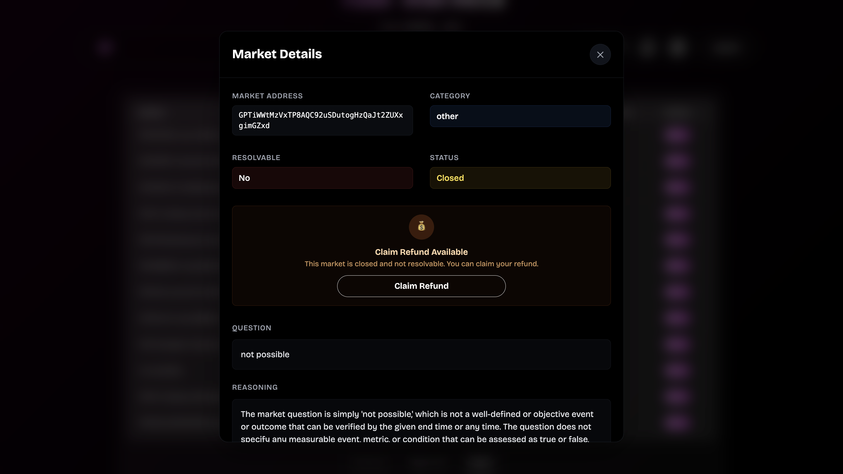 Market details showing Claim Refund for a non‑resolvable market