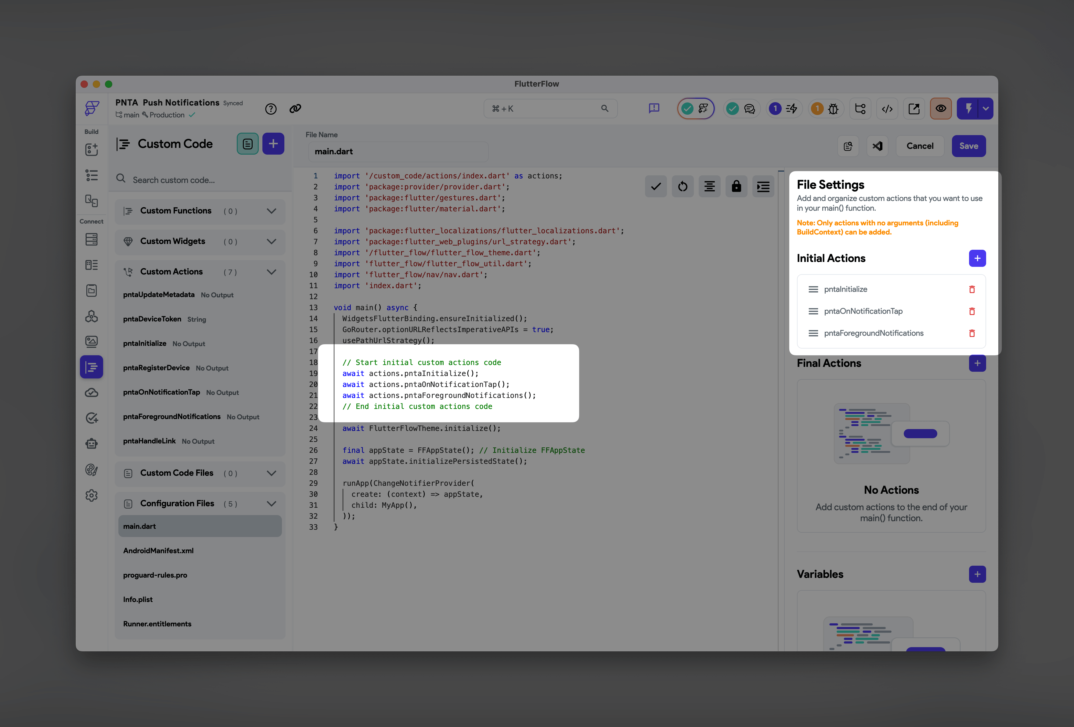 FlutterFlow Main Dart Initial Actions