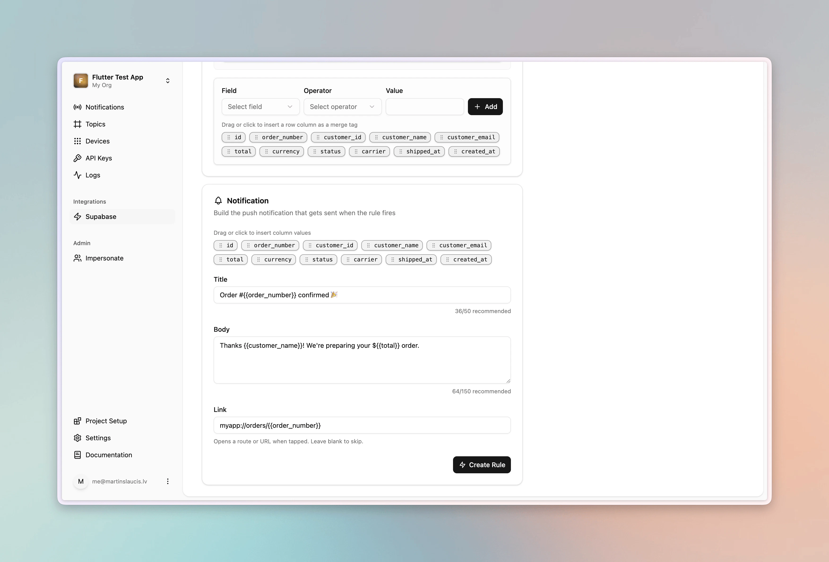 Rule builder showing the template section