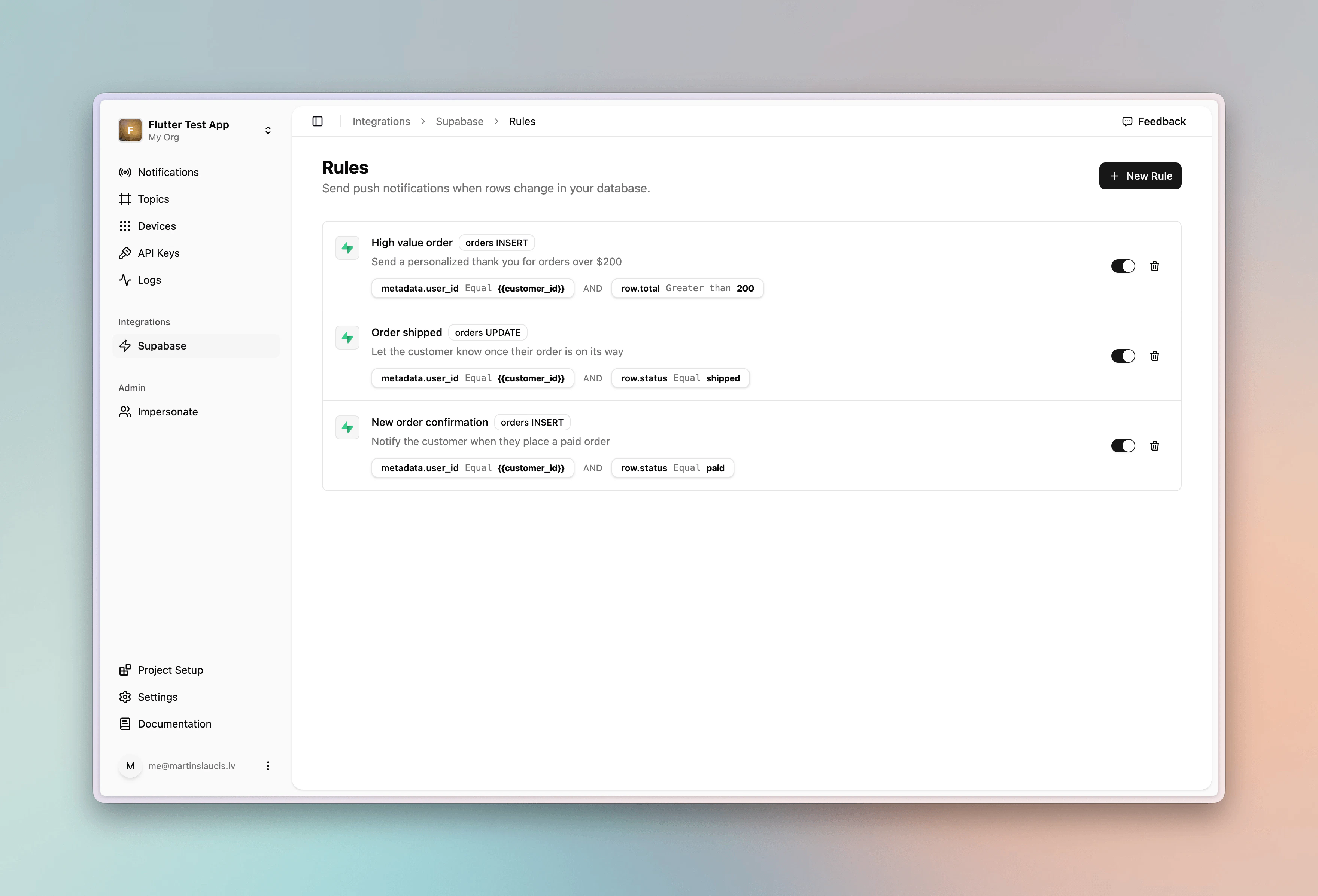 Supabase rule overview in the PNTA Dashboard