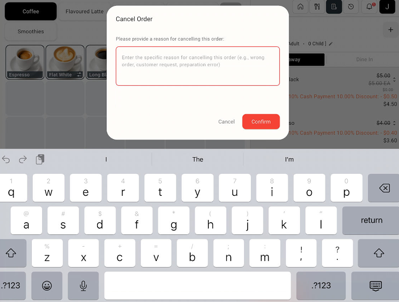 Cancel Order dialog with a reason field, Cancel, and Confirm