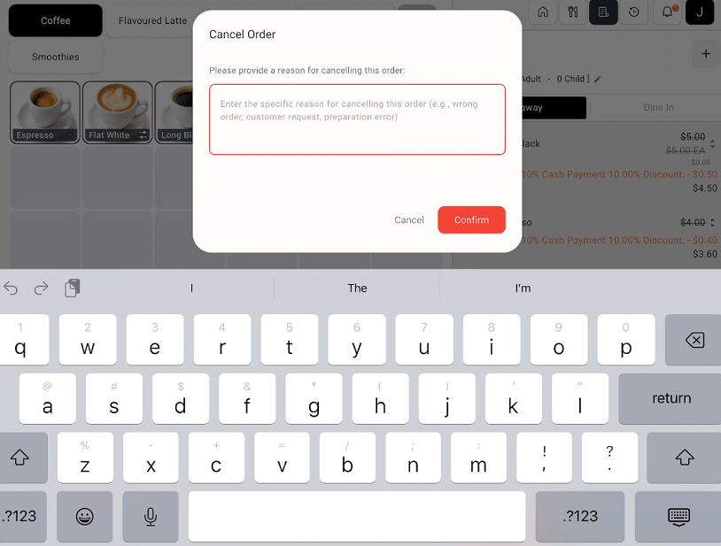 Cancel Order dialog with a reason field, Cancel, and Confirm