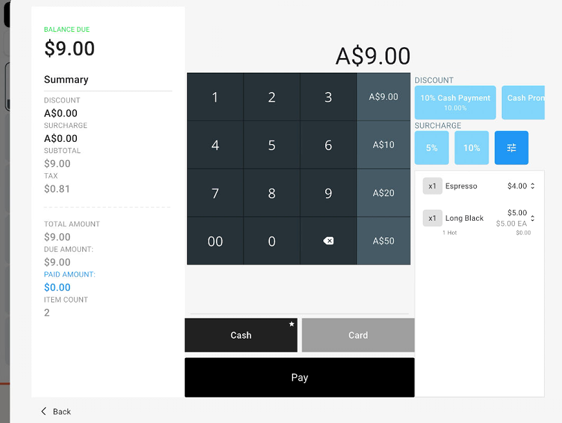 Checkout screen with order summary, adjustment controls, payment methods, and Pay