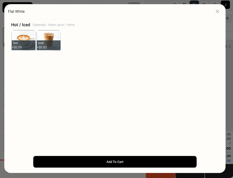 Item options window with Hot and Iced choices and Add To Cart